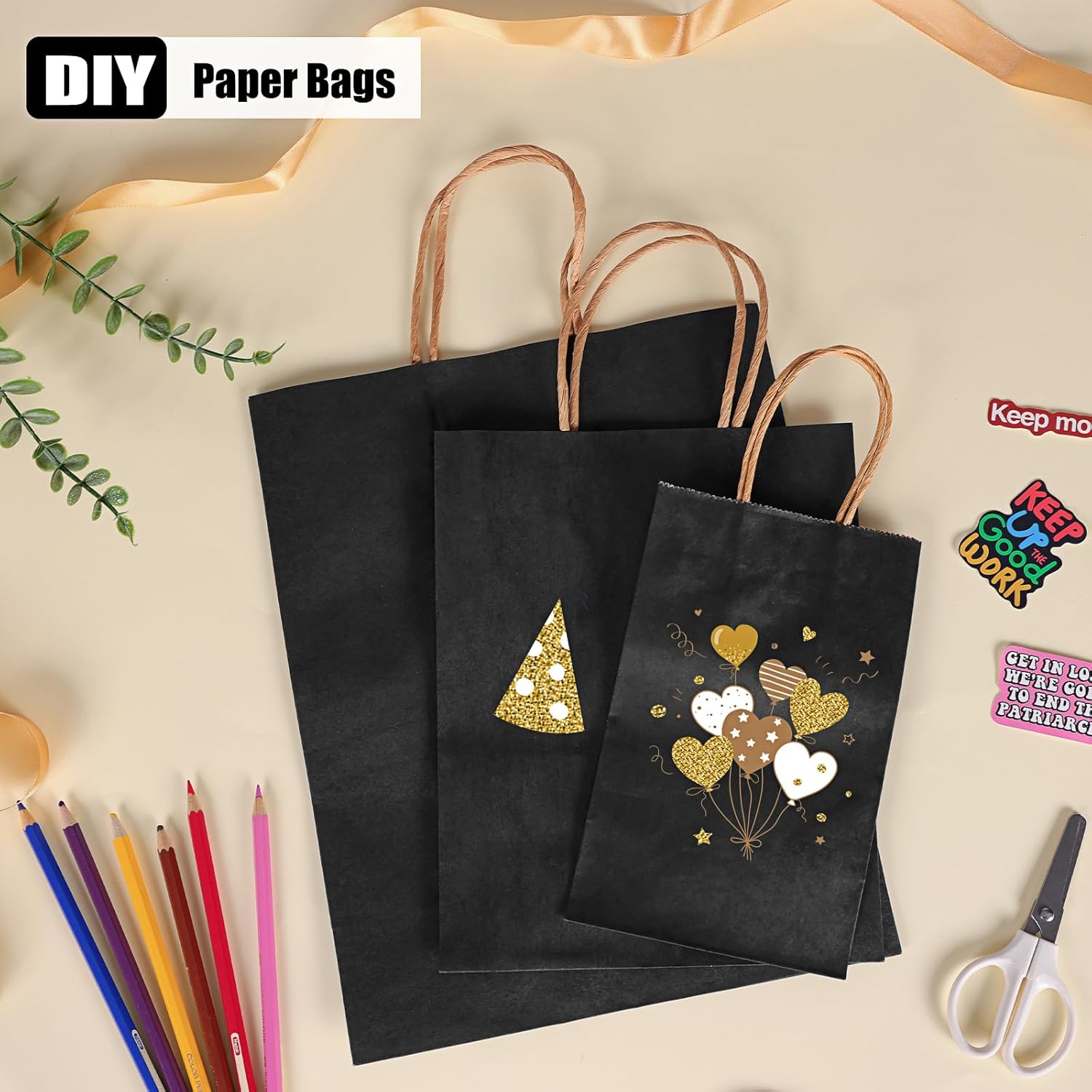 Moretoes 75 bolsas de regalo negras con asas, (8-10-12 pulgadas), bolsas de regalo de varios tamaños a granel, bolsas de papel kraft para pequeñas