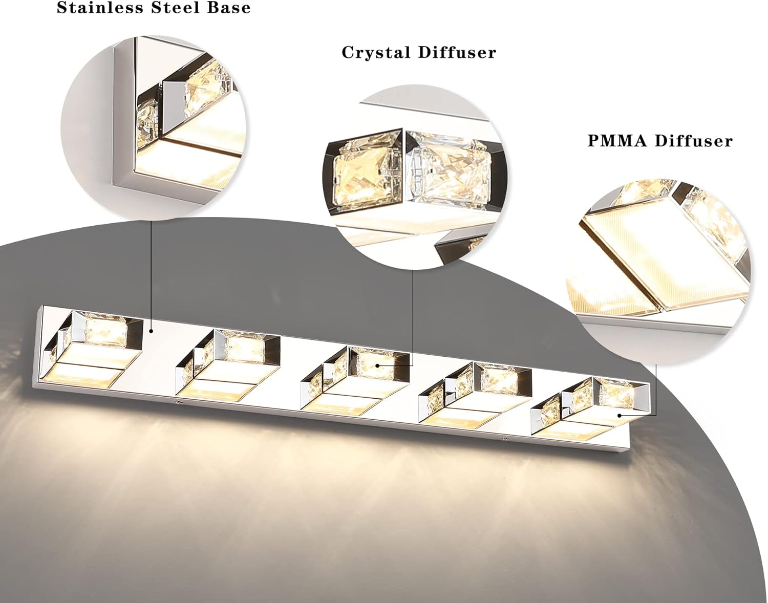 Joossnwell Lámpara de tocador de baño regulable, 5 luces, moderna iluminación LED de cristal para baño, lámpara de pared sobre espejo, 35.4 pulgadas