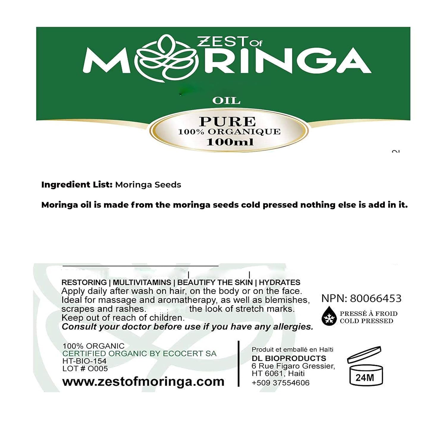 Zest Of Moringa Aceite facial para arrugas antienvejecimiento  Aceite de moringa para el cuidado de la piel, cuidado del cabello, tratamiento del