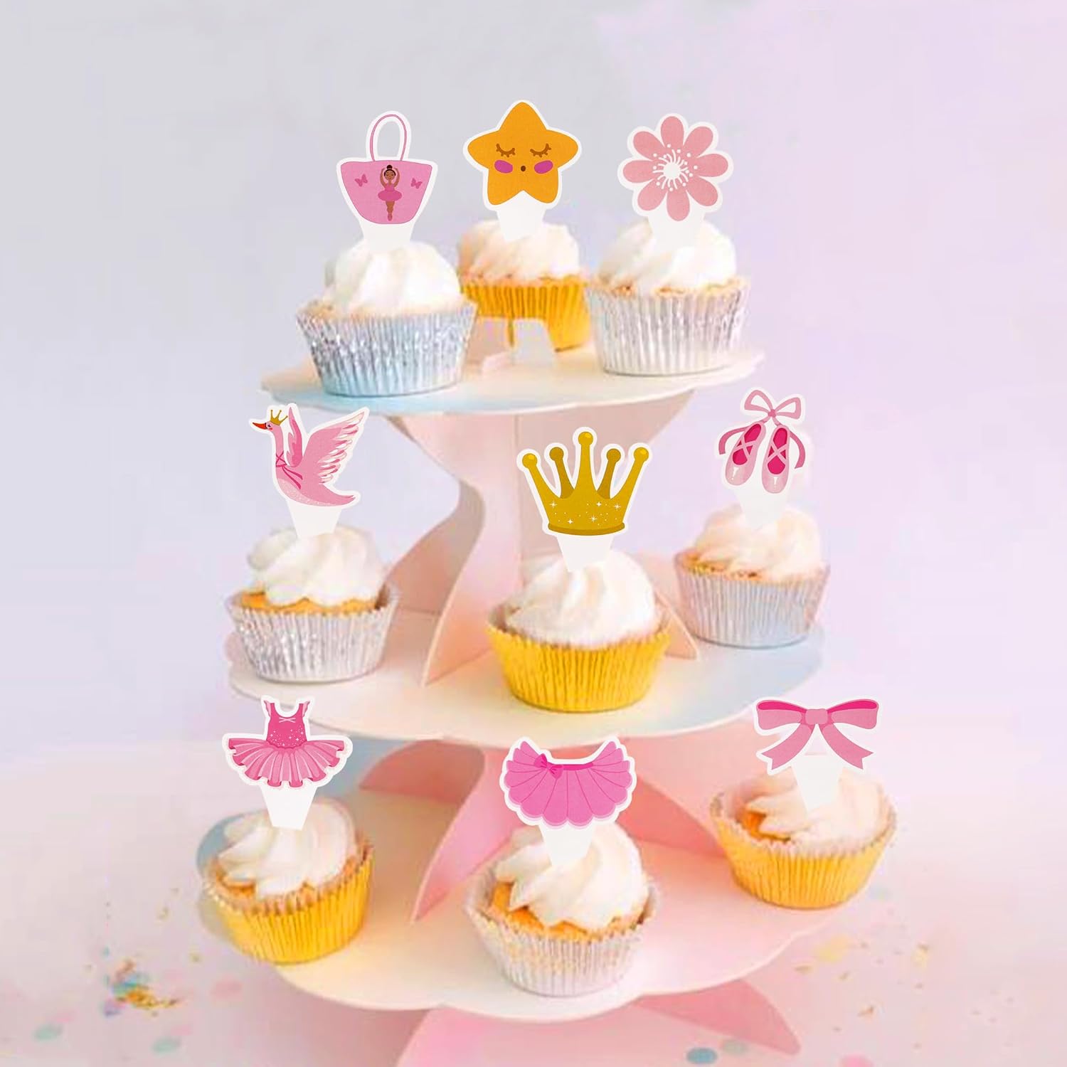 Ercadio Paquete de 24 decoraciones de tutú de bailarina para cupcakes, decoración de ballerina para niña, tutú de ballet, pantuflas para cupcakes