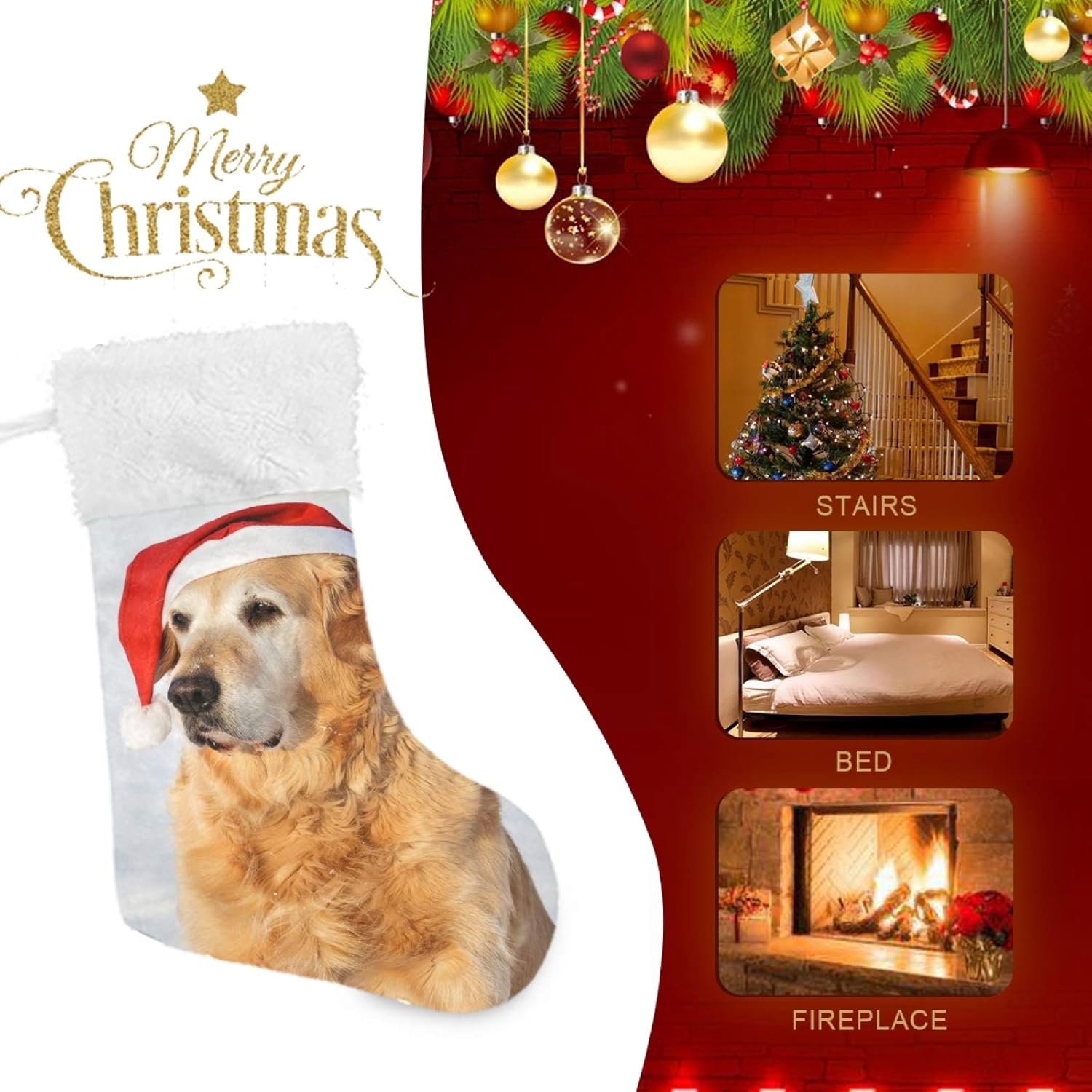 ALAZA Medias de Navidad Golden Retriever Dog As Santa Klaus clásicas personalizadas, decoraciones de medias grandes para la temporada de vacaciones