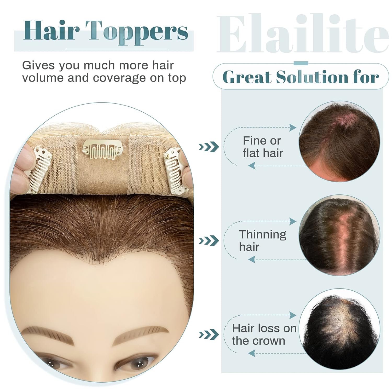 Elailite Toppers de cabello humano para mujer con clip de cabello fino V3.0, piezas de cabello real de 12 pulgadas con raya media para pérdida de