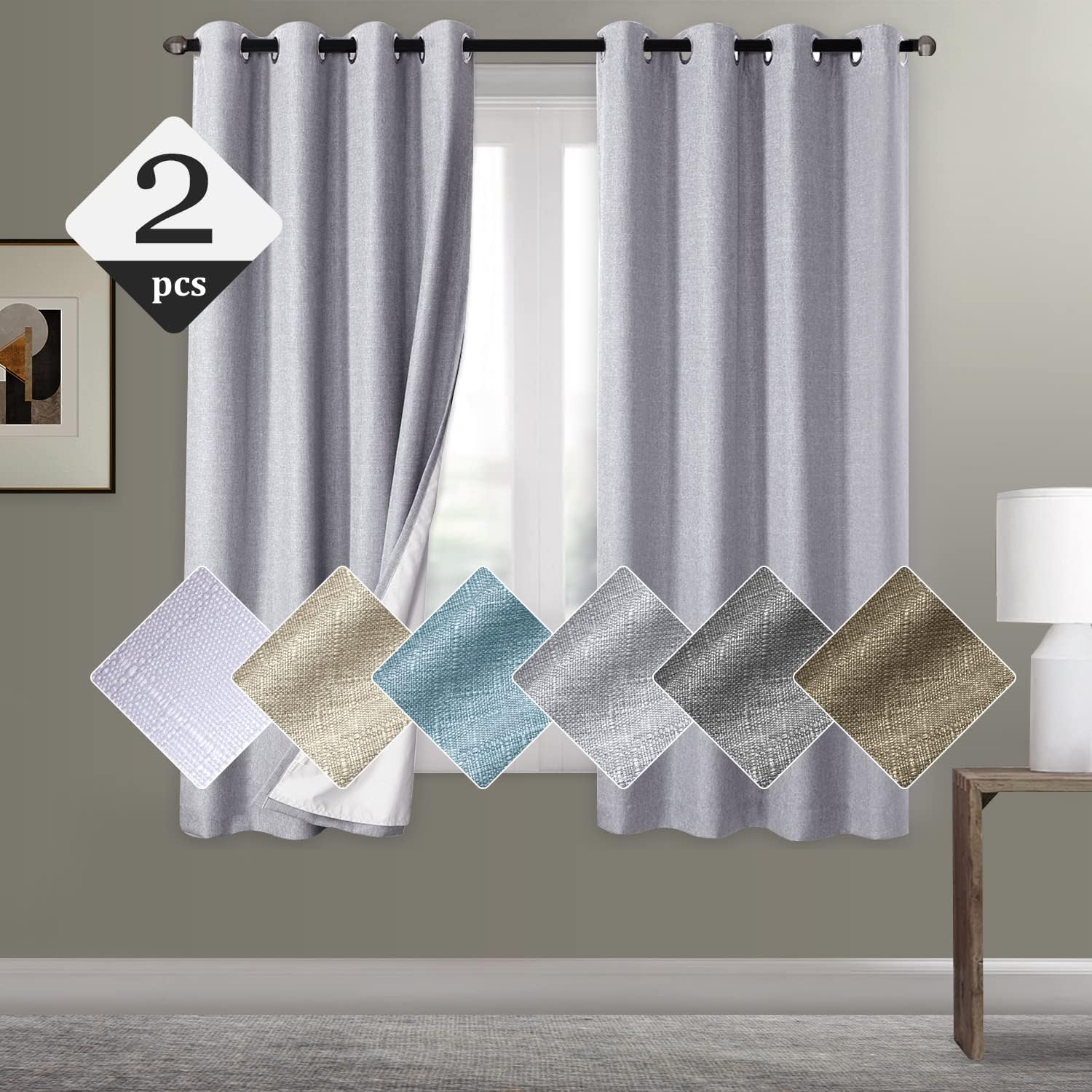 Cortinas 100% opacas de lino texturizado, para oscurecer la habitación, aislamiento térmico, reducción de ruido, bloqueo solar, cortina de ventana