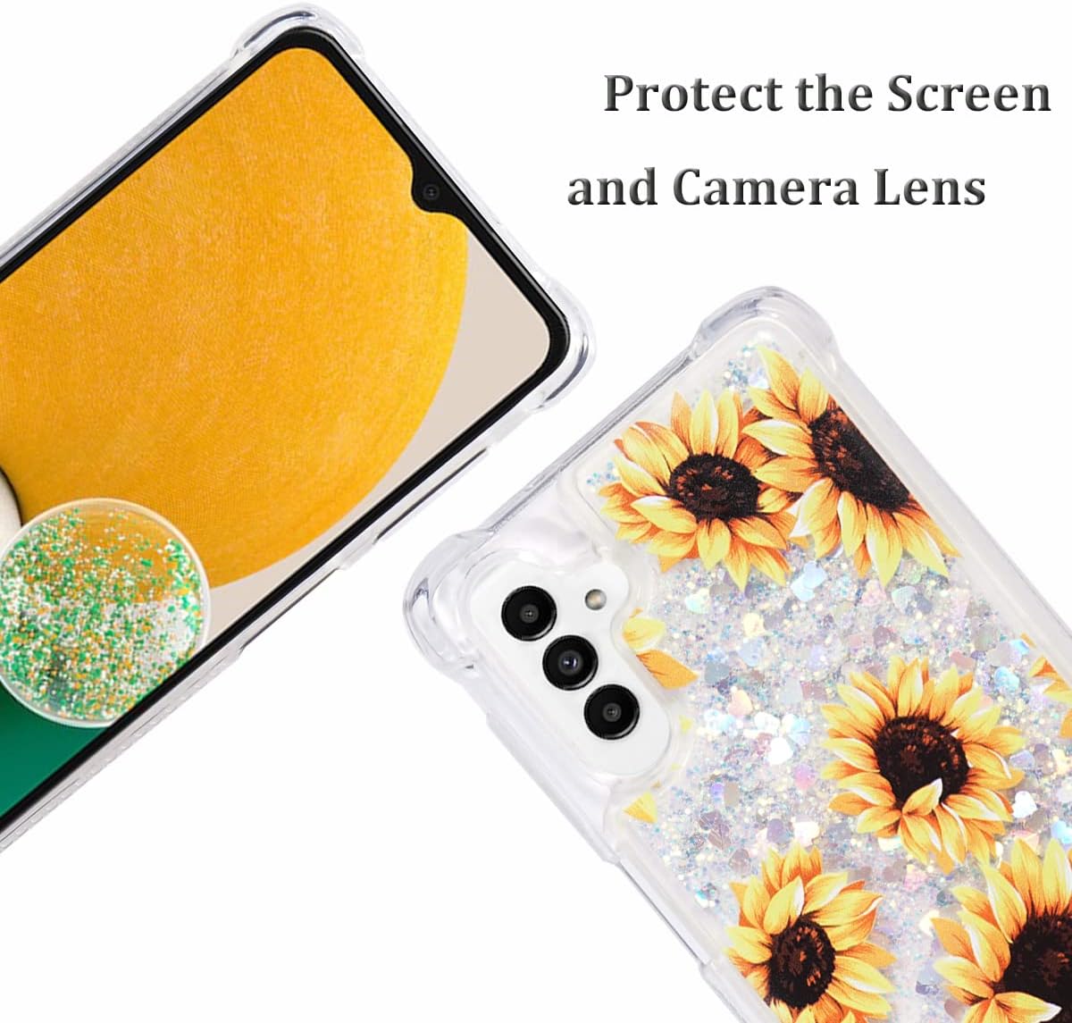 FLOCUTE Funda para Galaxy A13, Galaxy A13 con purpurina floral, transparente, brillante, líquido, suave, cojín de TPU suave, a la moda, para mujer,