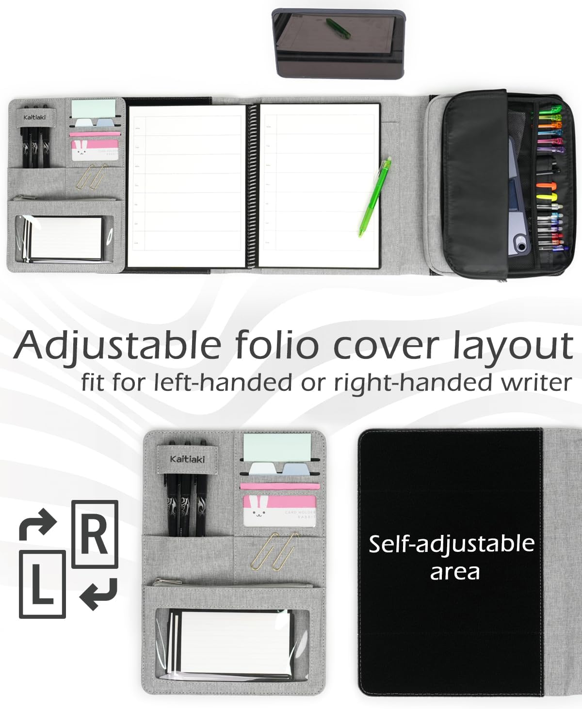 Kaitiaki Funda tipo folio compatible con el cuaderno de espiral Rocketbook construida con una bolsa de almacenamiento extraíble con cremallera de