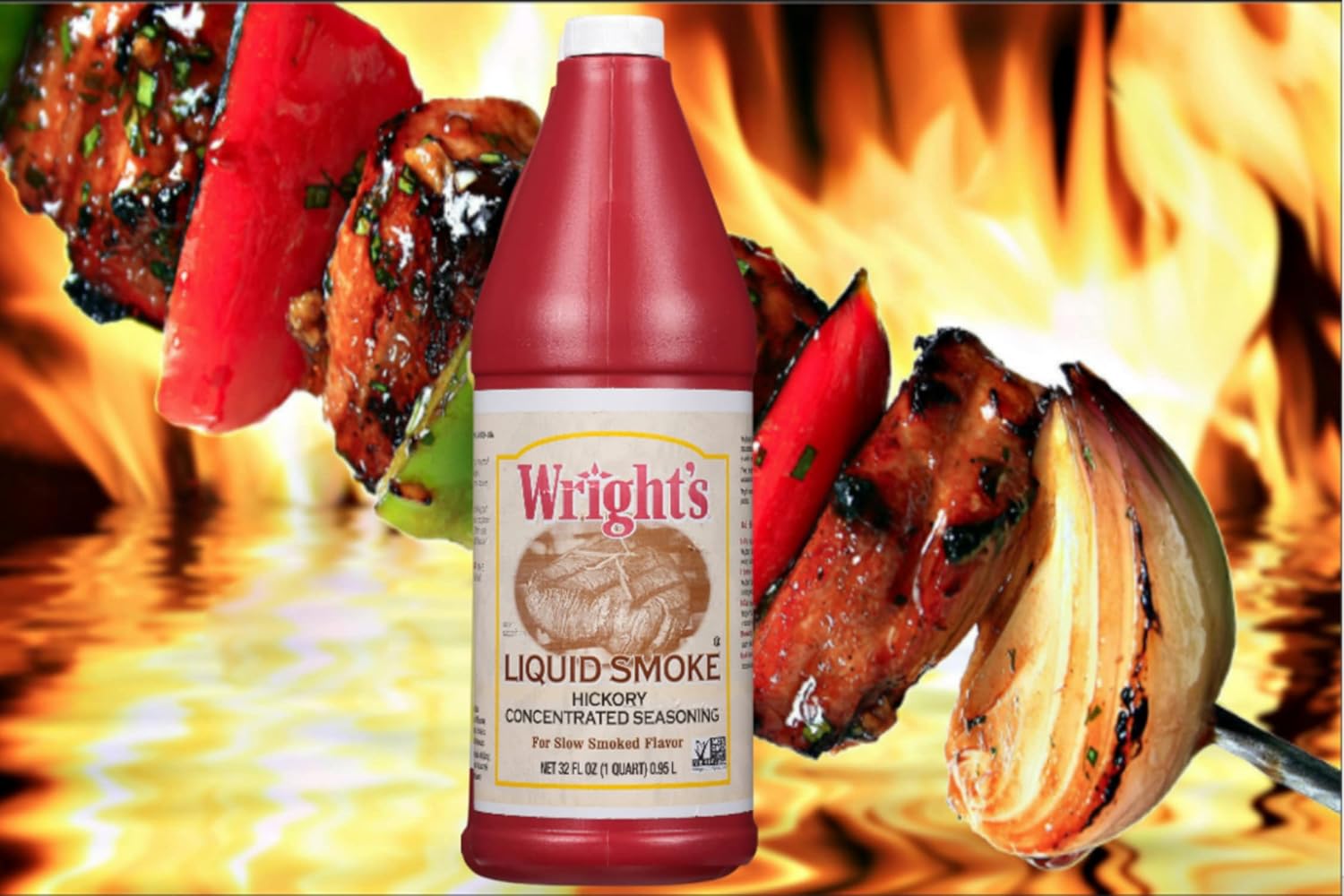 Wright’s – Condimento concentrado de nogal líquido de humo, botella de 32 onzas (paquete de 2) con cucharas giratorias By The Cup