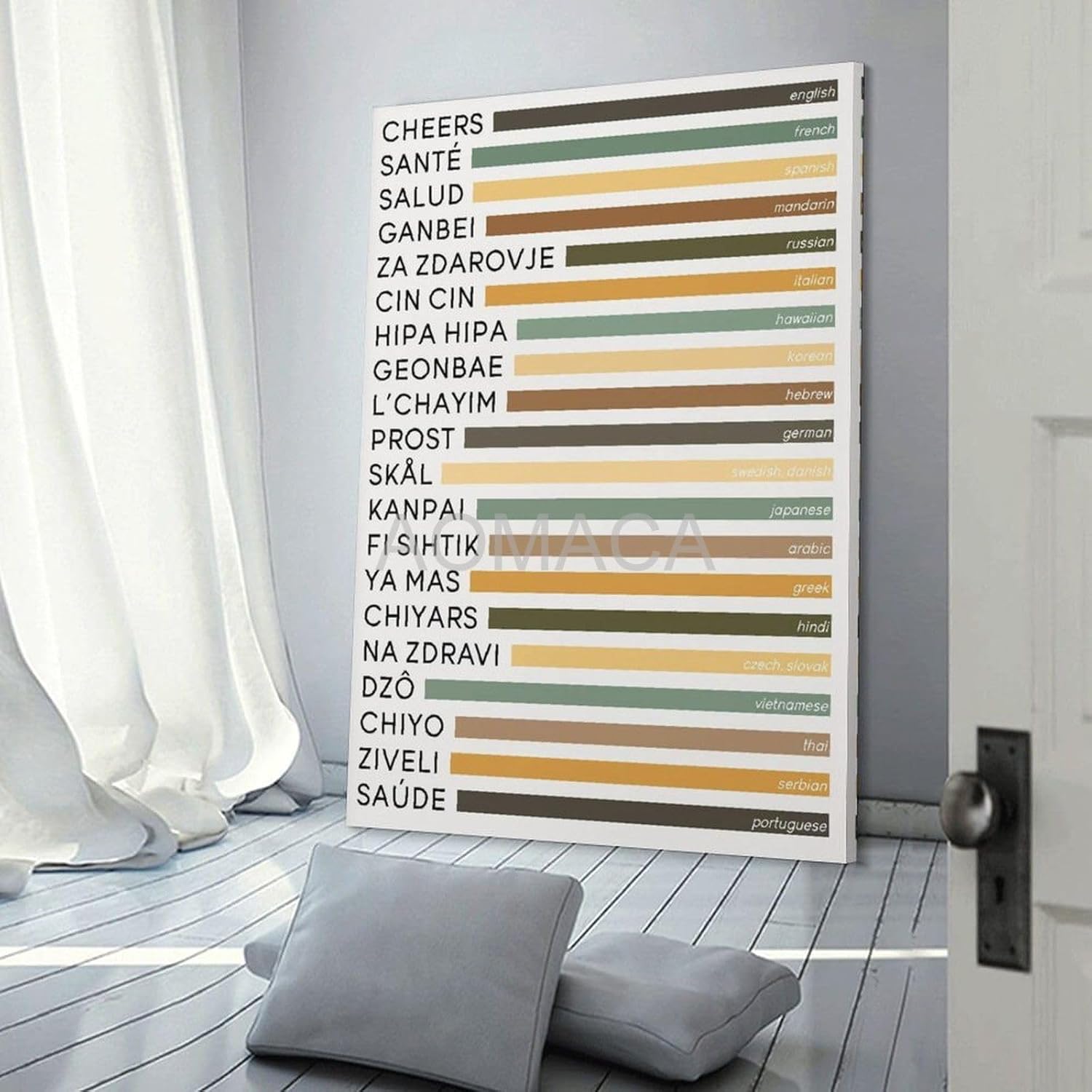 RCIDOS Póster artístico divertido con texto en inglés “Cheers in different language”, impresión de colores retro, tipografía artística, pósteres e