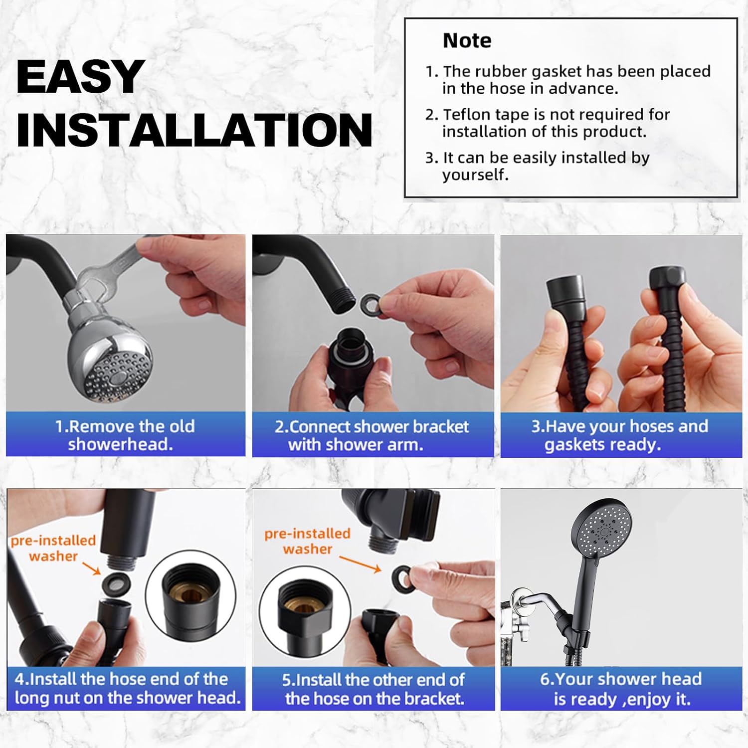 Ducha de mano de alta presión potente 5 modos de pulverización ahorro de agua ángulos ajustables 6.6 pies manguera de acero inoxidable cabezal de