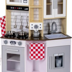 Juego de cocina para niños, cocina de madera con grifo, fregadero, microondas, horno, delantal, armarios de almacenamiento, juego de juguetes de Juego de cocina para niños, cocina de madera con grifo, fregadero, microondas, horno, delantal, armarios de almacenamiento, juego de juguetes de