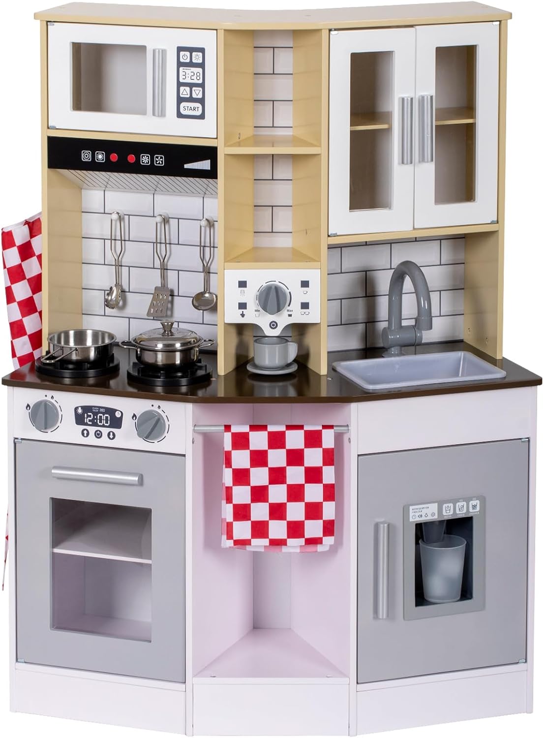 Juego de cocina para niños, cocina de madera con grifo, fregadero, microondas, horno, delantal, armarios de almacenamiento, juego de juguetes de