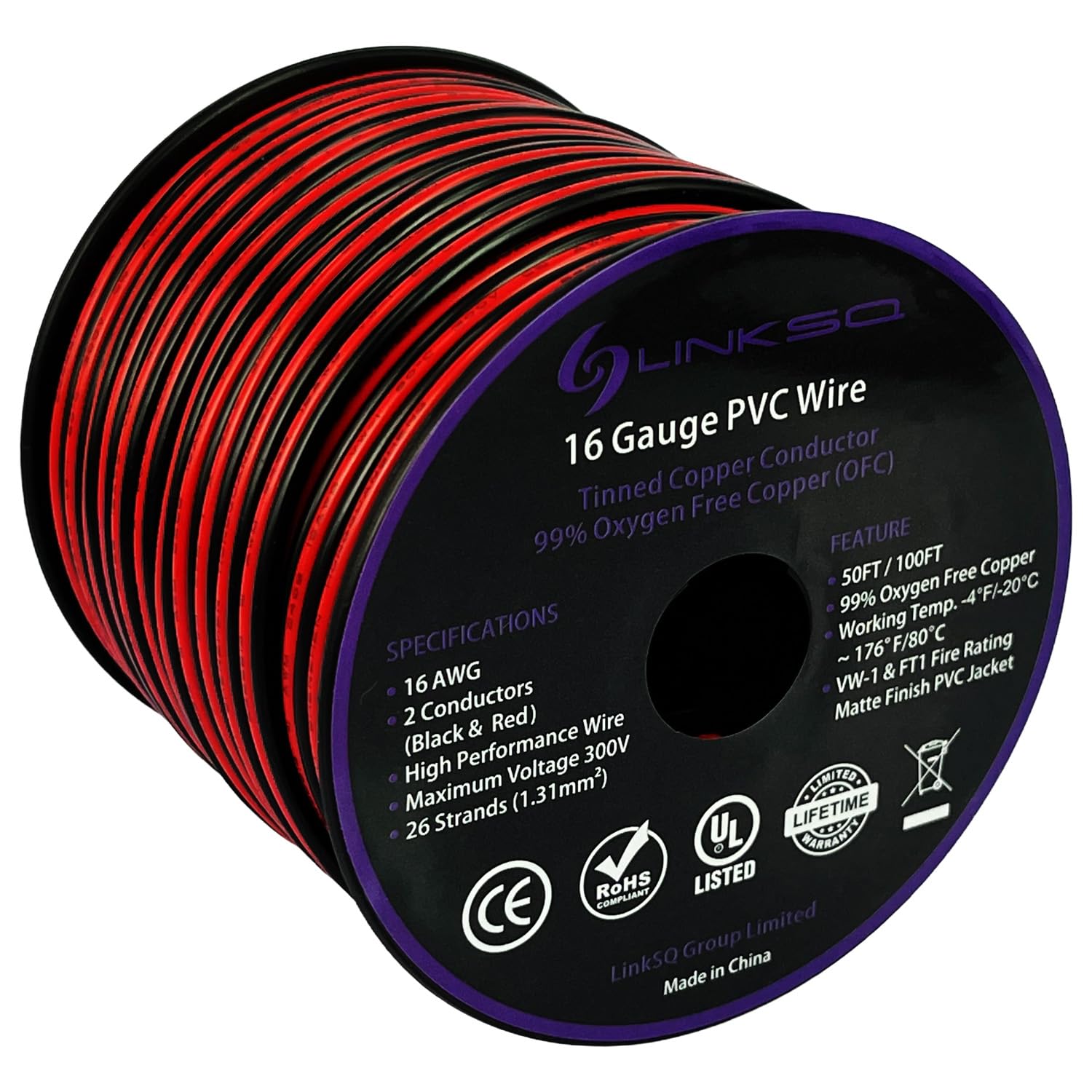 LINKSQ Cable eléctrico 2468 VW-1 FT1 (100 pies) calibre 16 2 conductores, cable de cobre estañado trenzado sin oxígeno de 2 cables, 16 AWG 2 cables,