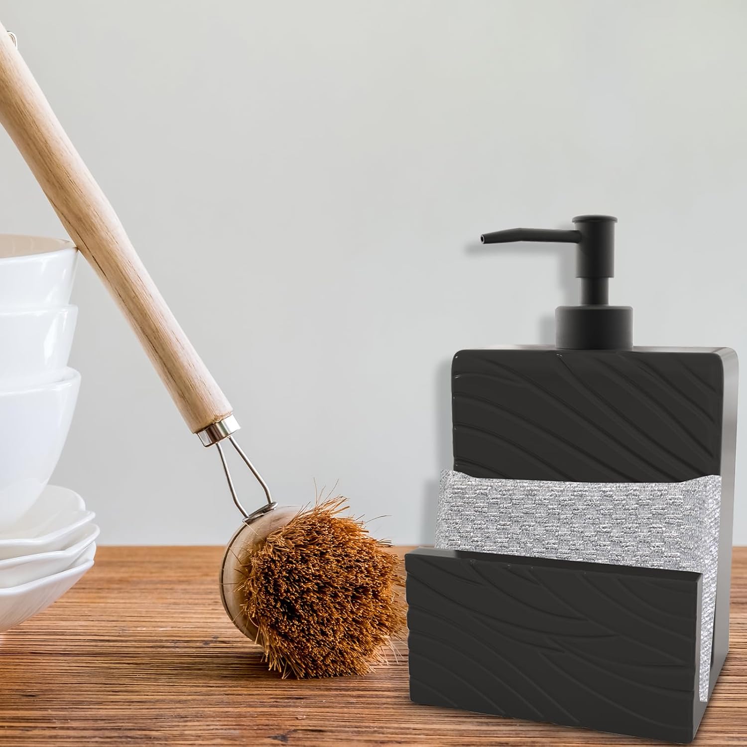 Dispensador de jabón con soporte para esponja, dispensador de jabón de cerámica para fregadero de cocina, dispensador de jabón líquido 2 en 1 con