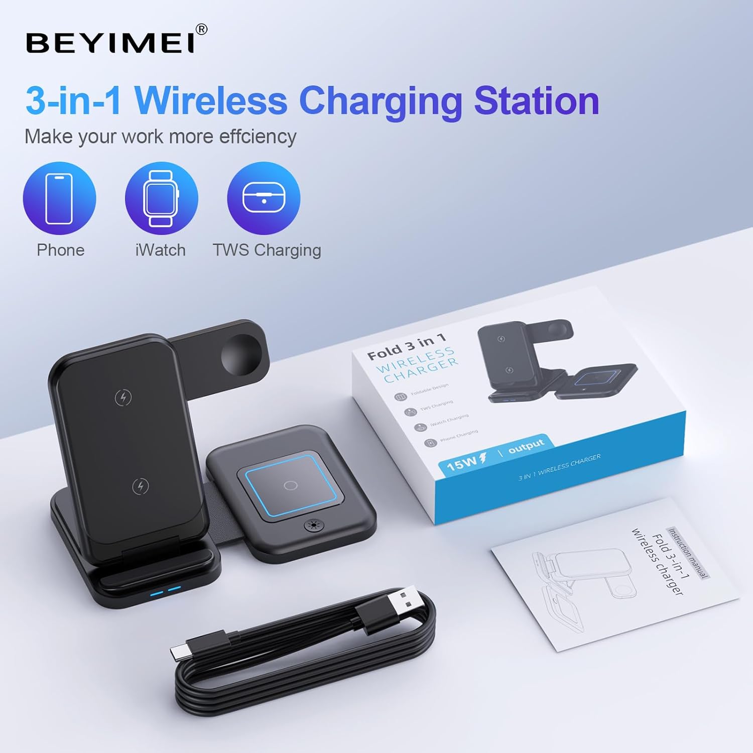 Cargadores inalámbricos para teléfono celular, estación de carga 3 en 1 para múltiples dispositivos para iPhone 15 14 13 12 11 Pro Max XR XS 8 Plus,