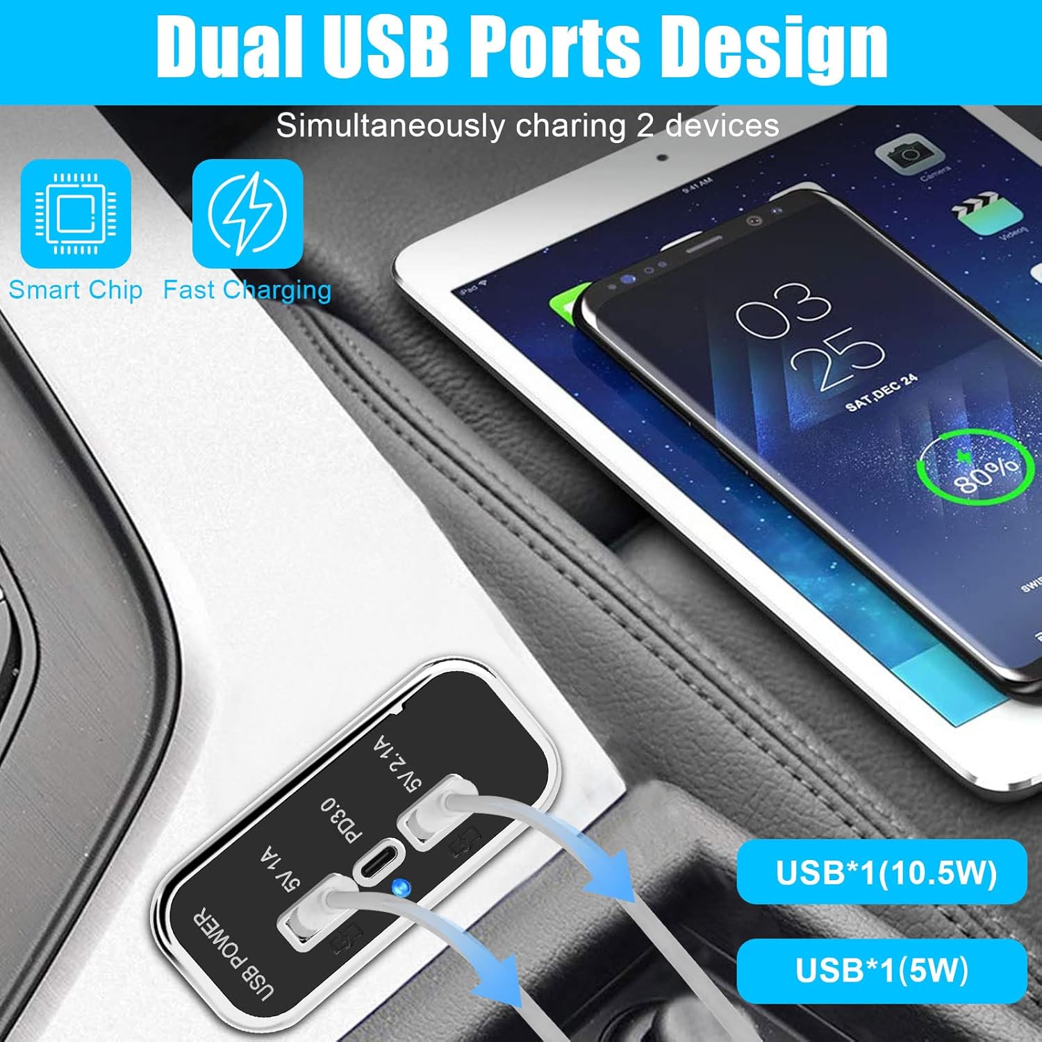 3 puertos de salida USB de 12 V, puerto USB A dual 3.1A, puerto tipo C PD QC 3.0 carga súper rápida compatible con teléfono 14 13 12, S22 S21 S20,
