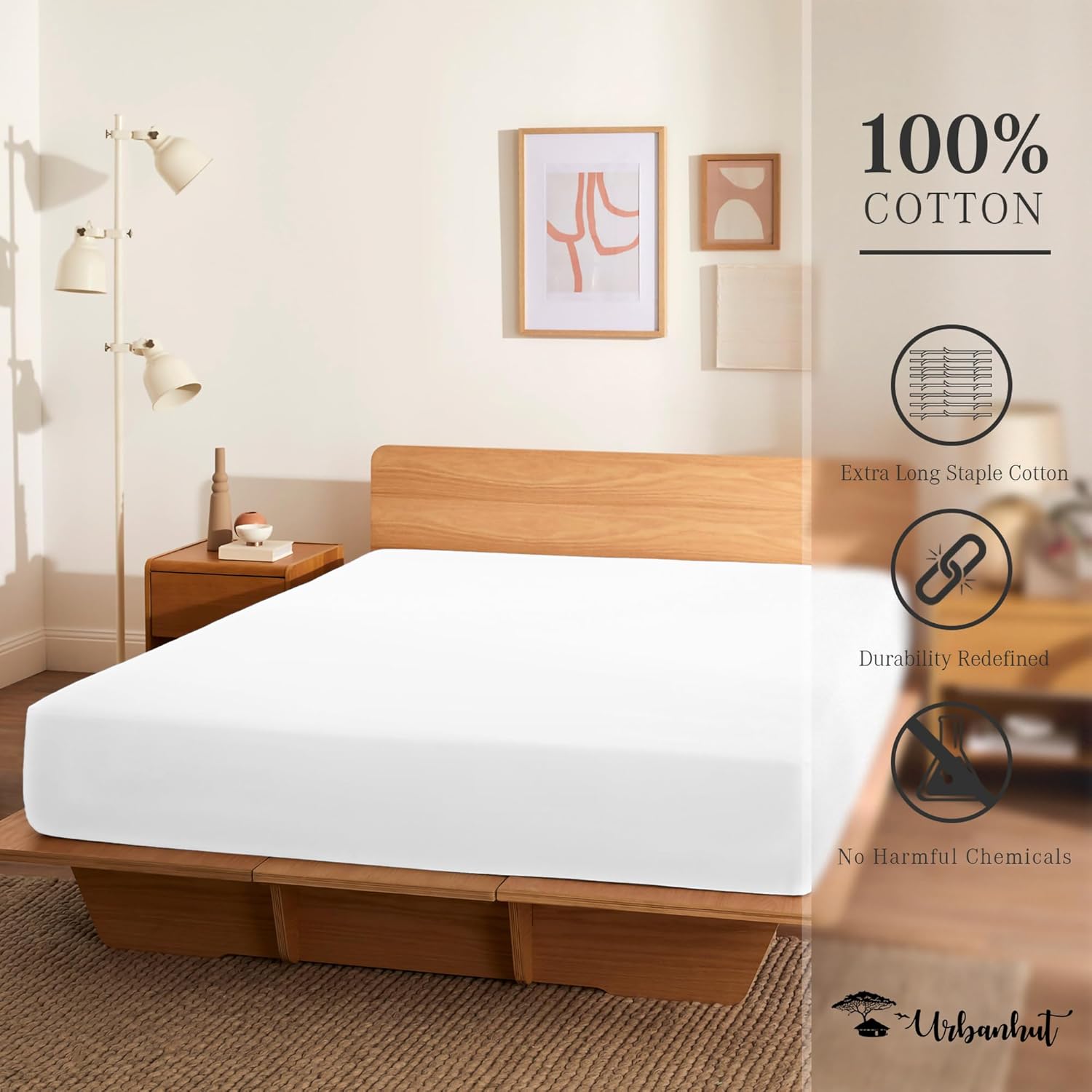 Urbanhut Sábana bajera ajustable de 100 % algodón tamaño King, 400 hilos, suave y lisa de lujo en tejido satinado, sábanas de hotel de fibra larga,