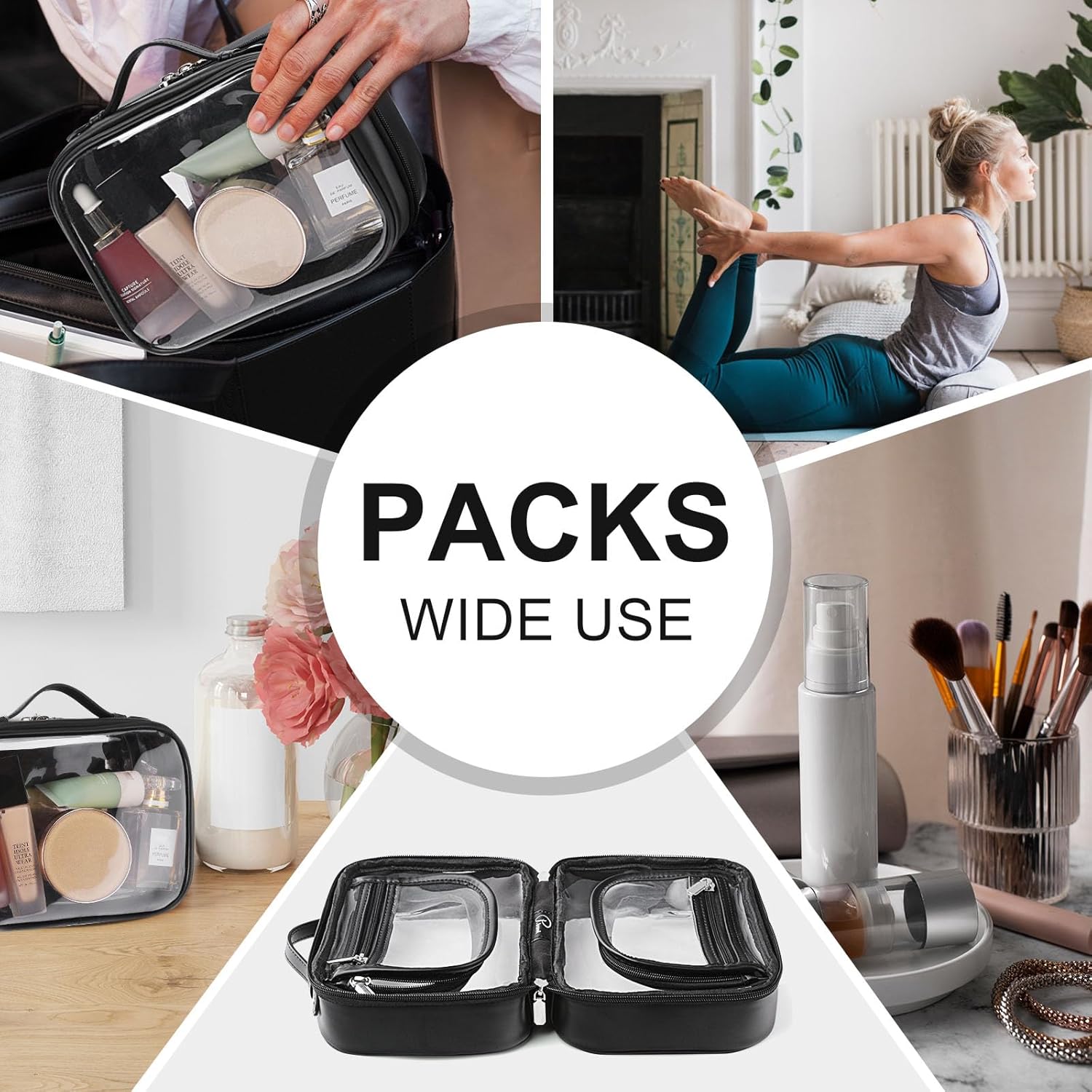 Cessfle Bolsa de maquillaje de viaje transparente de doble cara, bolsa de cosméticos de viaje impermeable, transparente, bolsa organizadora de