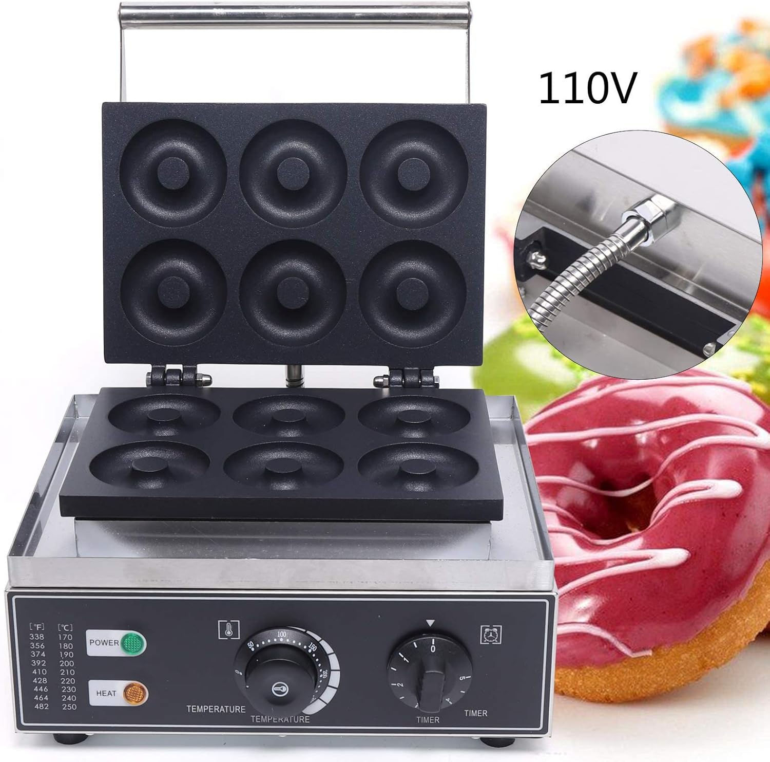Máquina eléctrica comercial para hacer donas de gofres, temperatura de 122 a 572  para hacer donas antiadherentes de 110 V, temperatura de 122 a 572