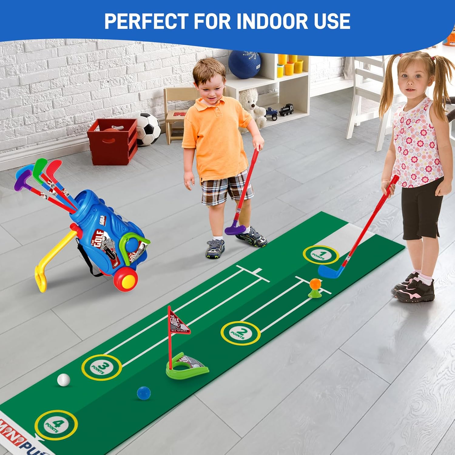 Sukabala Juego de golf para niños pequeños, palos de golf para niños con carrito de golf, tapete de puting, 4 palos, 2 agujeros de práctica, 8