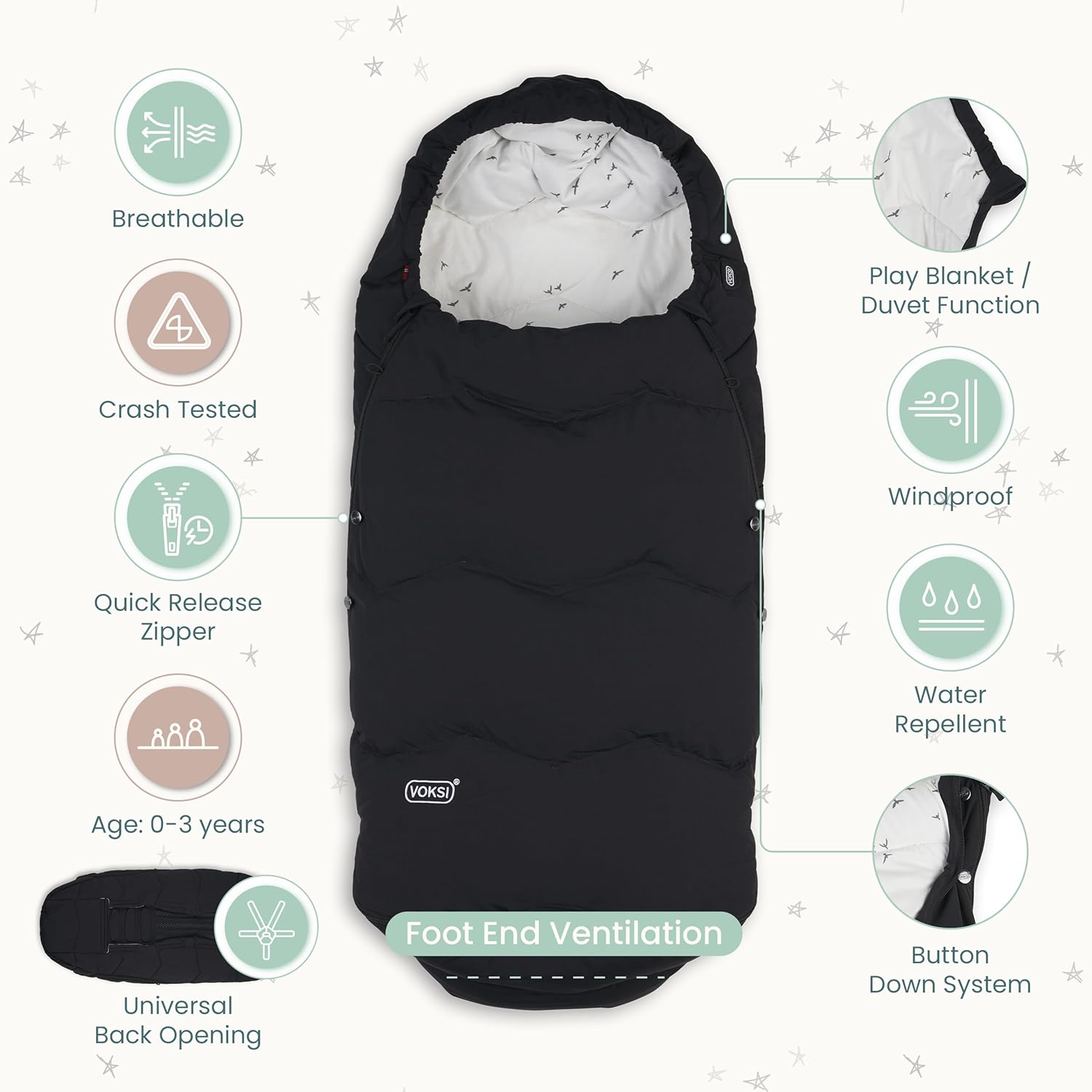 Explorer – Saco para cochecito de bebé, lana natural y plumón, ajuste universal, multiusos, diseñado en Noruega, bolsa de banderines para cochecito