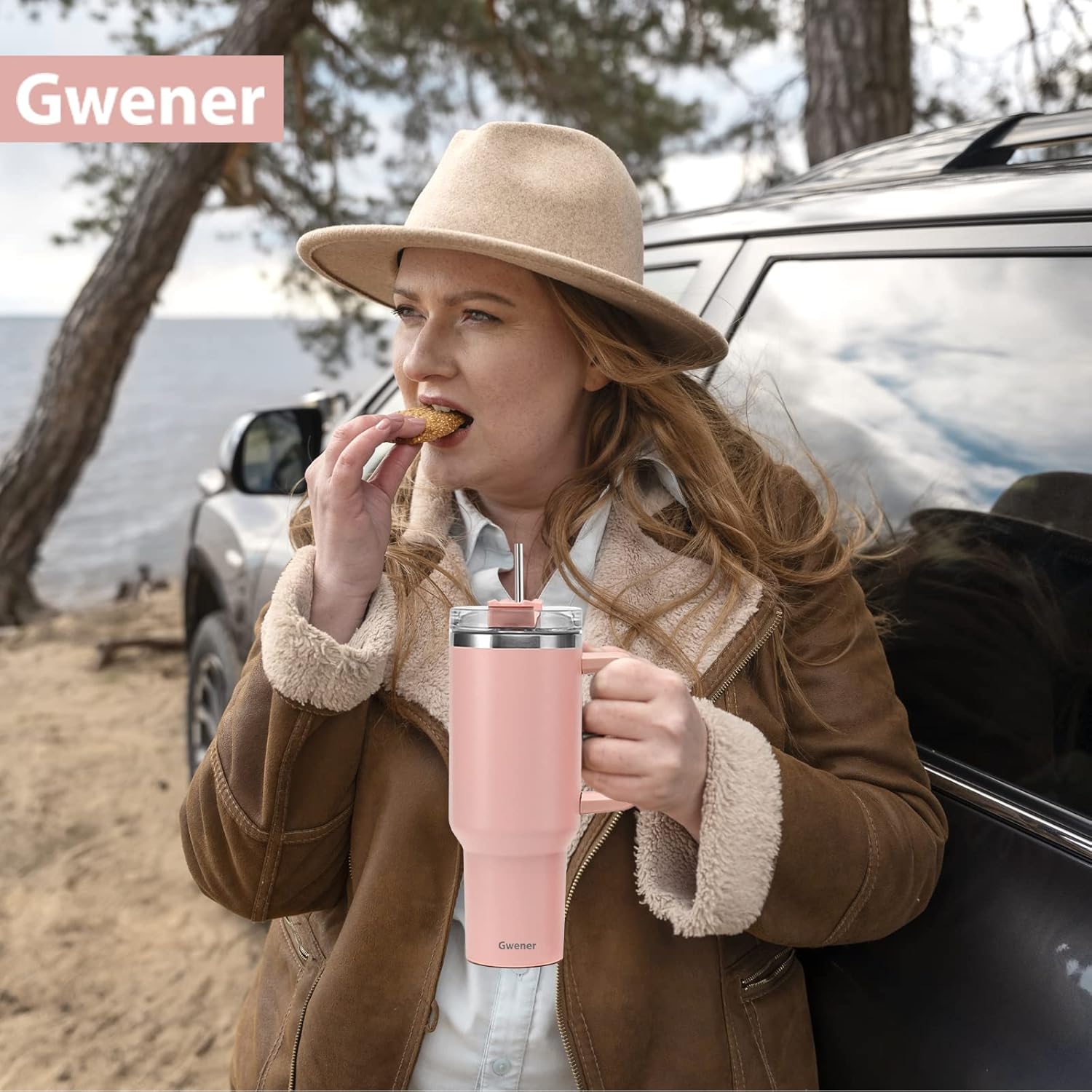 Vaso de 40 onzas con asa y tapa con pajilla, vaso aislado de acero inoxidable, taza de viaje, para bebidas calientes y frías, taza de café de viaje