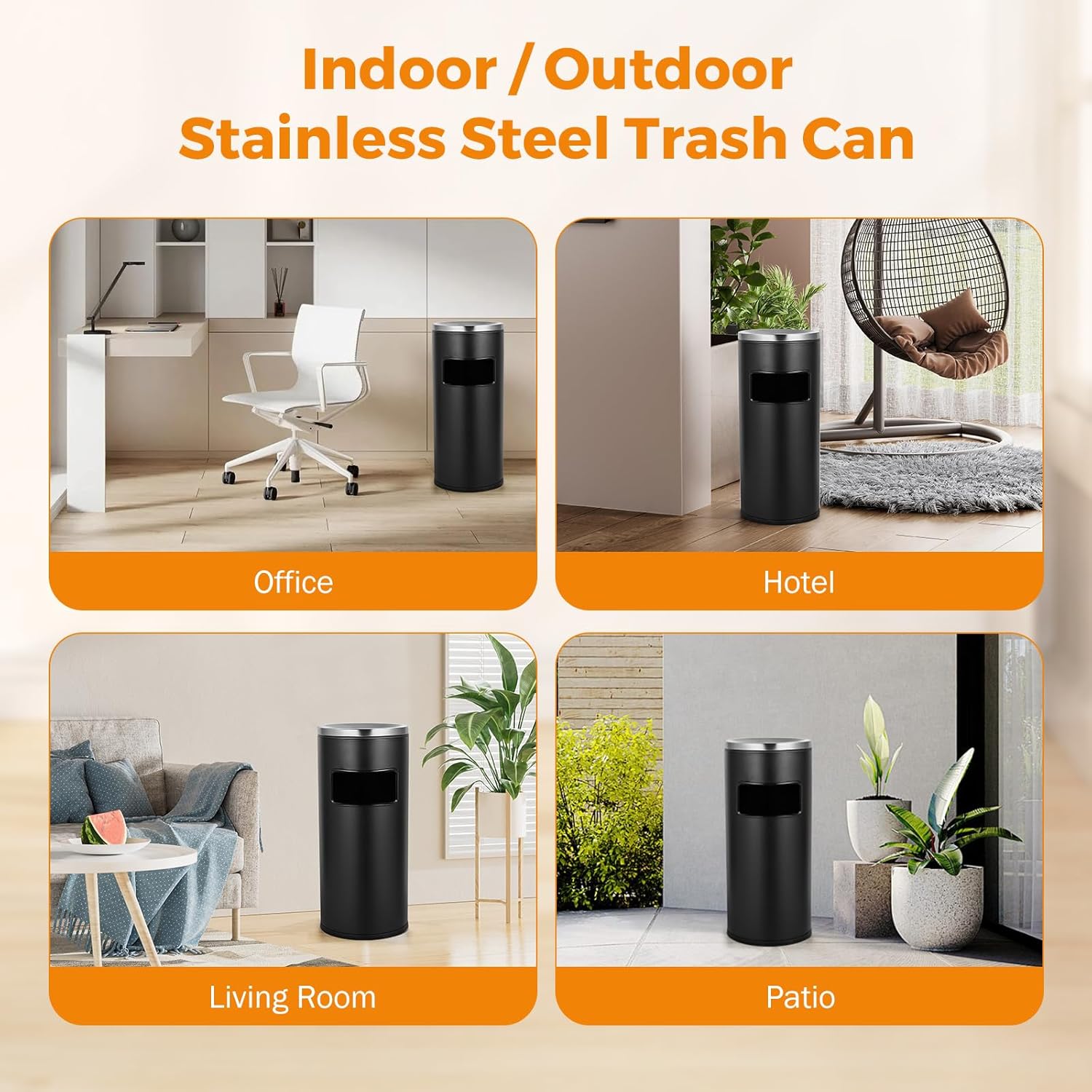 BEAMNOVA Bote de basura al aire libre con tapa, contenedor de basura comercial negro de acero inoxidable para patio, garaje interior, contenedor de