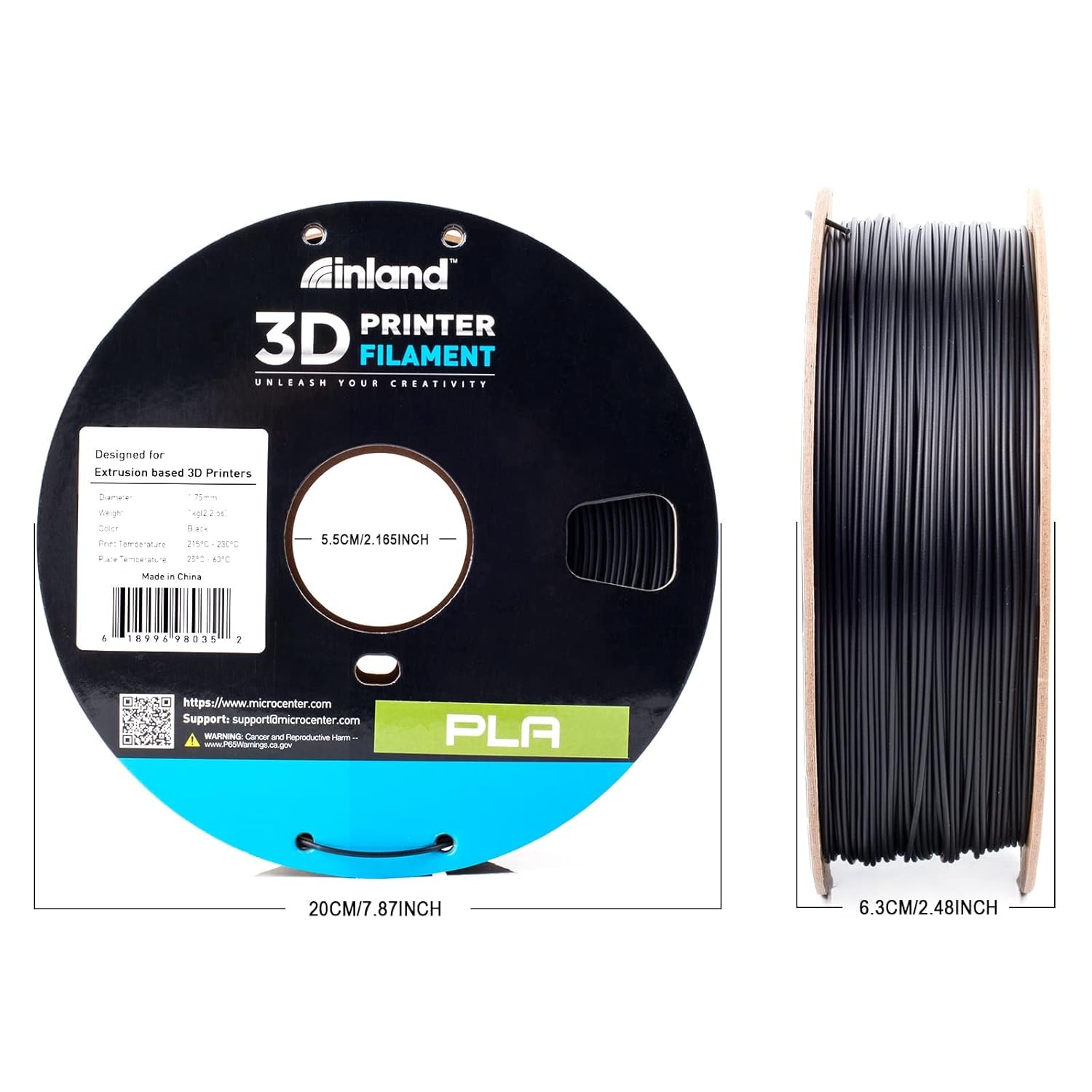 Inalnd – Filamento de PLA para impresora 3D, carrete de 2.2 libras (1 kg), Negro