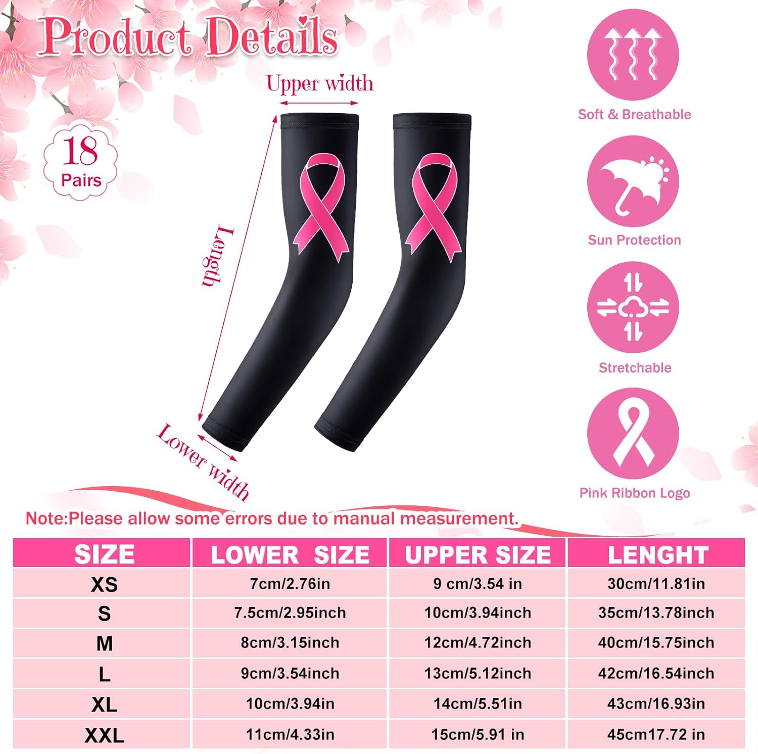 Zhehao 18 pares de mangas de concientización sobre el cáncer de mama, mangas de compresión para brazos con cinta rosa, mangas de compresión para