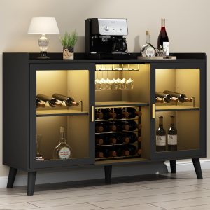 Loomie Armario de bar de vinos con luz LED, gabinete de café para el hogar con estante para vino y soporte para vidrio, aparador de cocina con Loomie Armario de bar de vinos con luz LED, gabinete de café para el hogar con estante para vino y soporte para vidrio, aparador de cocina con
