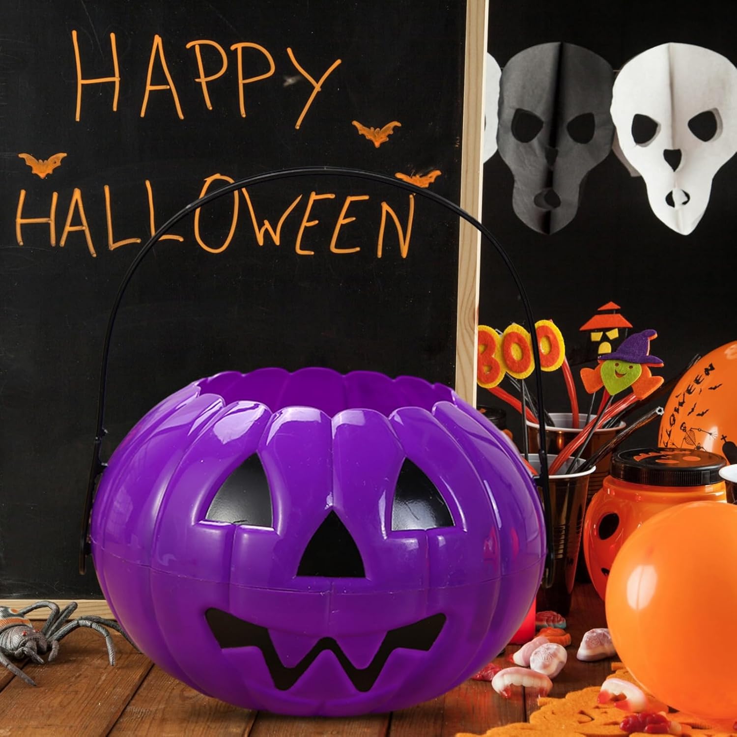 Cubo de Halloween, calabaza de Halloween, cubo de caramelo de calabaza de plástico para dulce o truco, cesta de calabaza desmontable, suministros