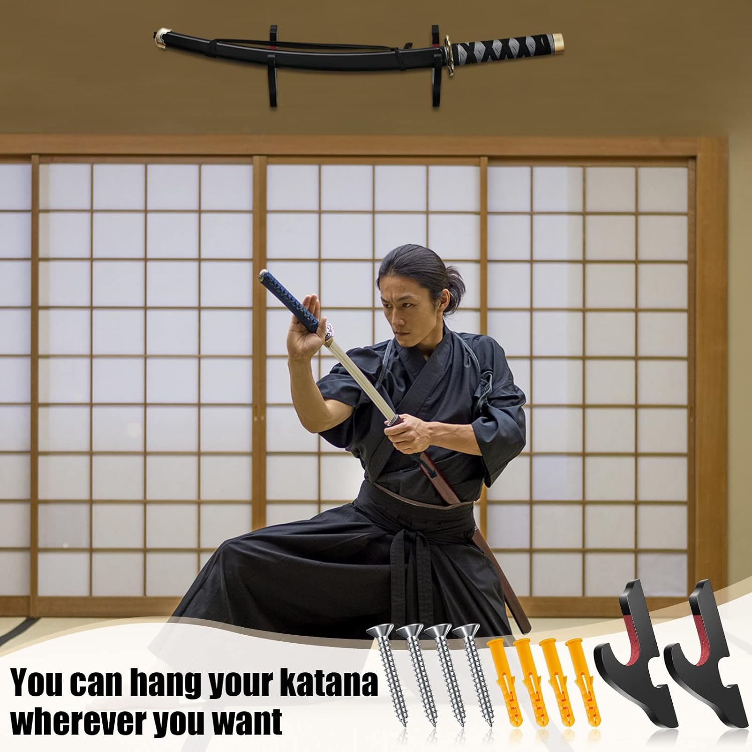 Yookeer Soporte de pared ajustable para espada, 4 piezas, soporte de madera para armas de artes marciales, soporte para armas samurái, montaje en