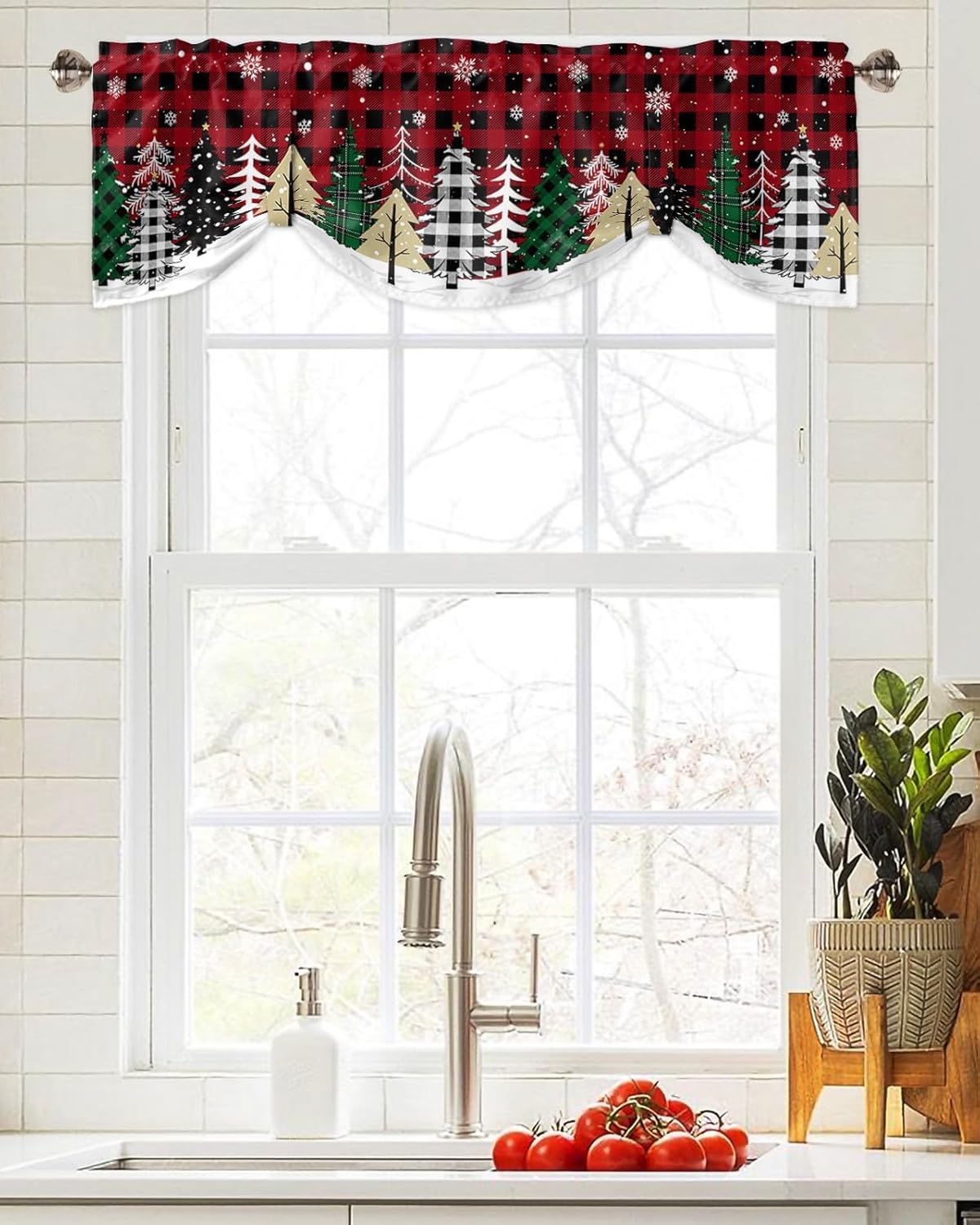 Gogobebe Cortinas de cenefa de amarre para ventana de cocina, diseño de búfalo verde, copos de nieve, color negro, rojo, a cuadros, con bolsillo