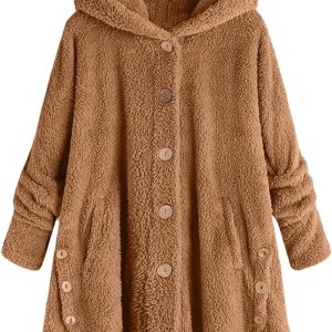 SNKSDGM Chaquetas de forro polar mullido con capucha para mujer, con botones, para exteriores, holgadas, con bolsillos SNKSDGM Chaquetas de forro polar mullido con capucha para mujer, con botones, para exteriores, holgadas, con bolsillos