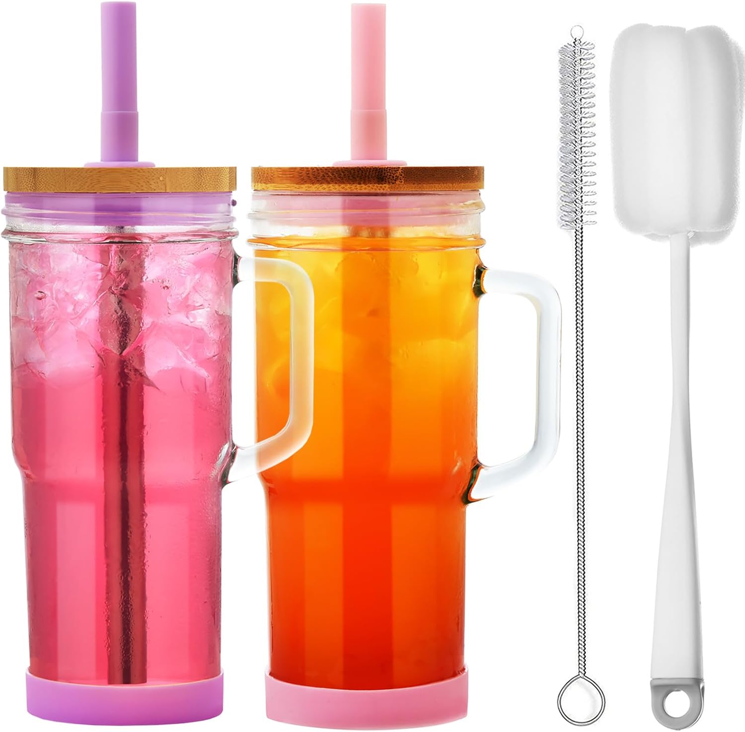 ALINK Vasos de vidrio con tapas y pajitas, vaso de 24 onzas con asa, funda de silicona, puntas, cepillo, tazas de café helado reutilizables, vasos