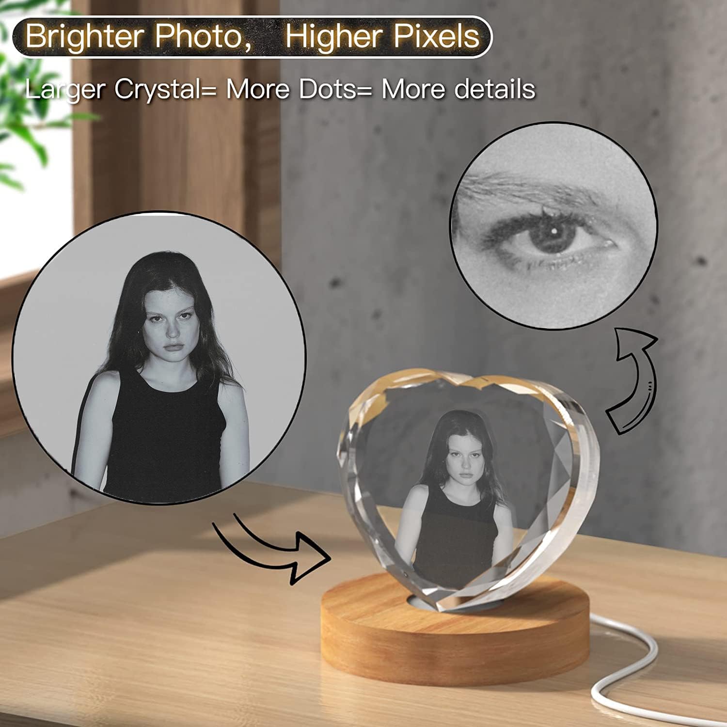 Gypsophila Foto de cristal 3D, con forma de corazón, foto holográfica 3D personalizada grabada dentro del cristal con tu propia imagen, regalos