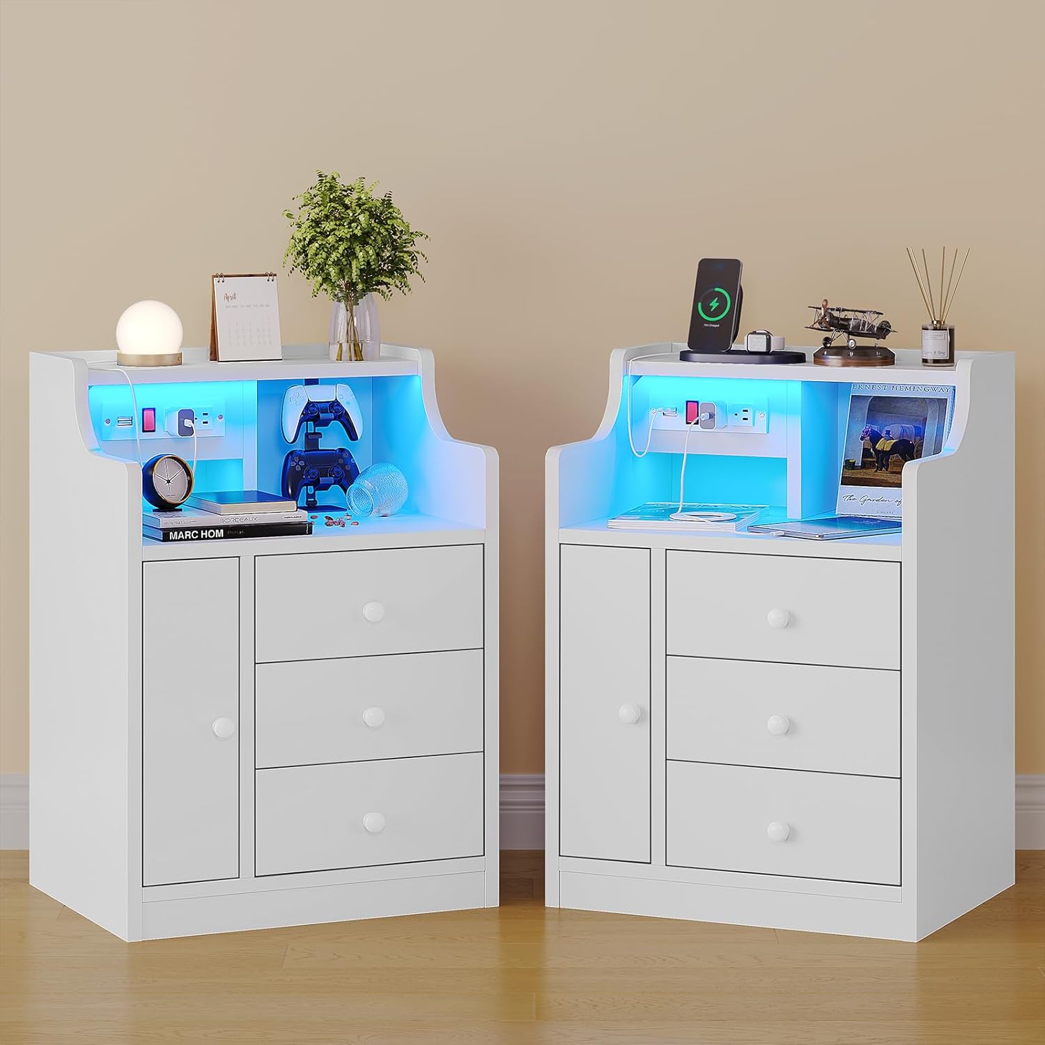 ADORNEVE Juego de 2 mesitas de noche blancas, mesita de noche LED con estación de carga, mesita de noche con cajones, mesa auxiliar moderna de