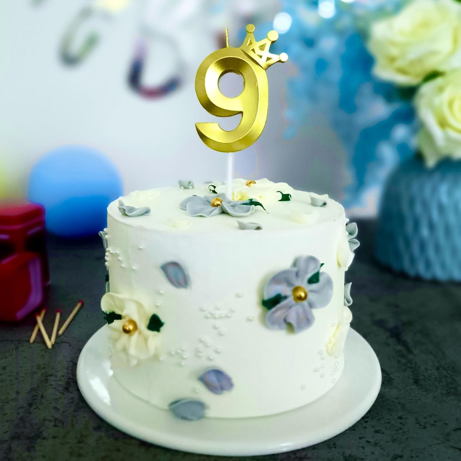 Vela de cumpleaños número 9 de nueve años de edad, velas con número de feliz cumpleaños, decoración para tartas, corona 3D (corona-9, dorado)