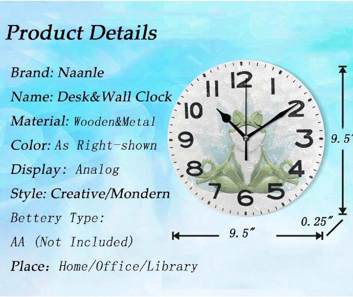 Naanle Divertido reloj de pared redondo con diseño de rana haciendo yoga en flor de loto decorativo, 9.5 pulgadas, funciona con pilas, reloj de