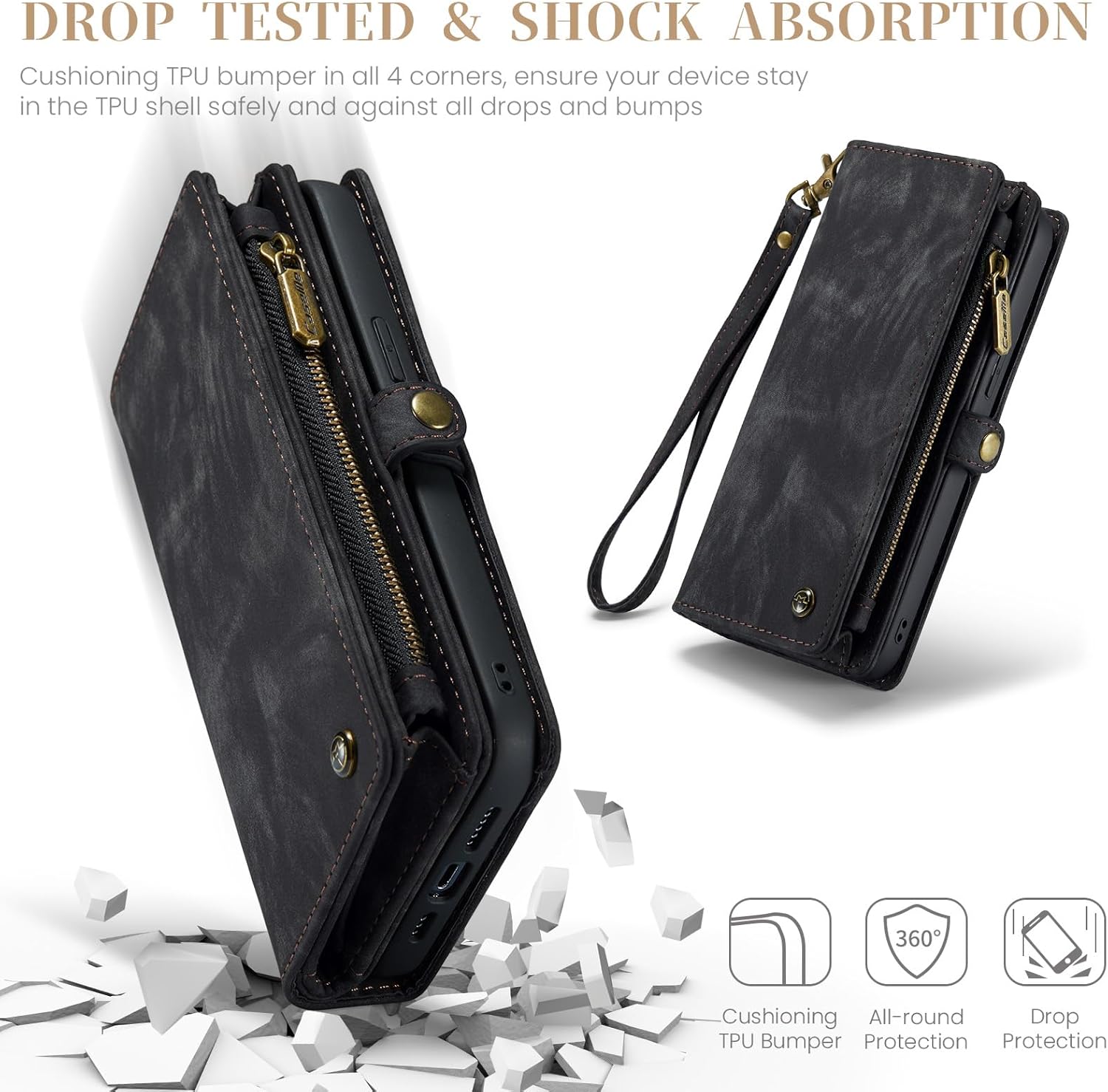 Kowauri Funda tipo cartera para iPhone 15 Pro Max, cartera de piel con cremallera, cartera de piel con tarjetero y correa para la muñeca,