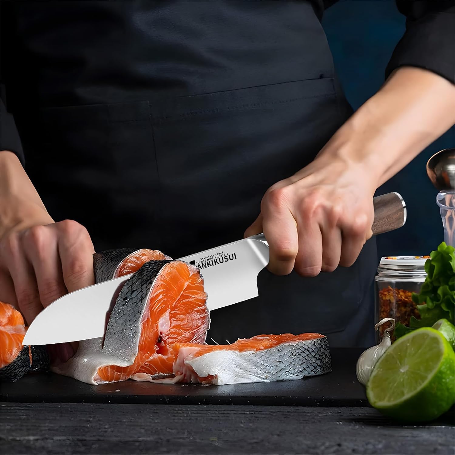 Santoku – Cuchillo de 7 pulgadas, 70CR17MOV, cuchillo de alto carbono para carneverdurafruta, juego de cuchillos con funda, sacapuntas, paño de