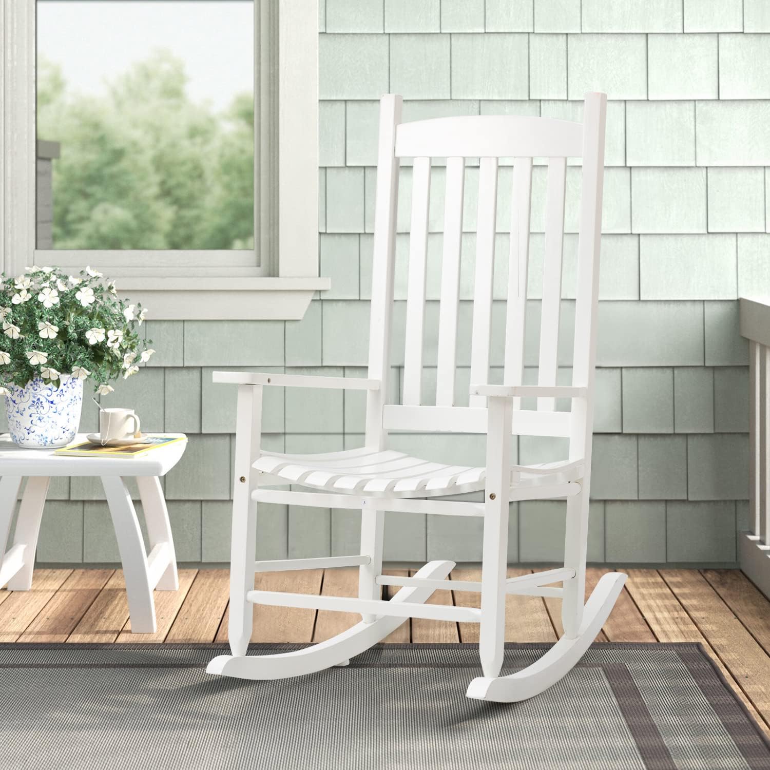 Mecedora para patio al aire libre, mecedora de porche con respaldo alto y pasamanos, cómoda y duradera, soporta peso de 243 libras, silla mecedora