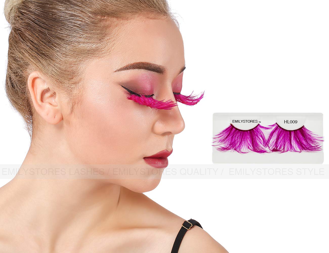 EMILYSTORES – Pestañas para disfraz de plumas sintéticas rosas para Halloween, pestañas dramáticas, aspecto de fiesta, 1 par
