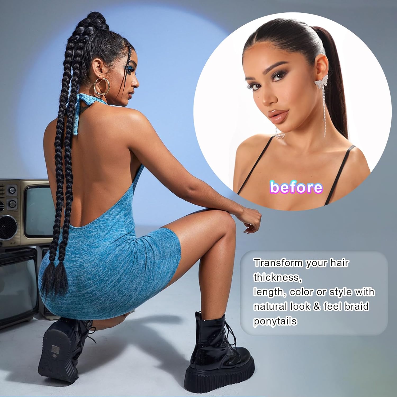 Extensión de cola de caballo, extensión de cola de caballo trenzada para mujeres negras con banda para el cabello, envoltura recta con extensión de