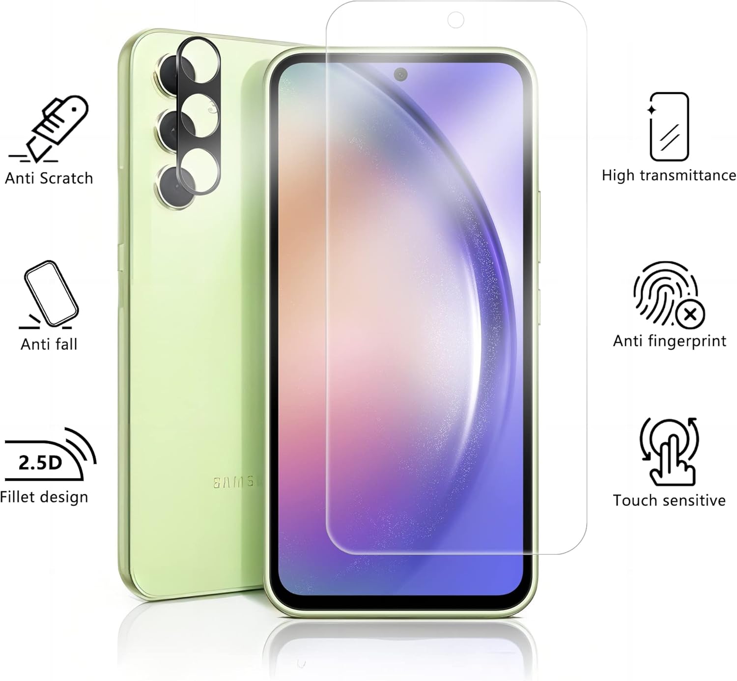 2 Pack Screen Protector for Samsung Galaxy A54 5G + 2 Pack Camera Lens Protector, 9H Hardness, Anti Scratch, Easy Installation, Case Friendly, Ultra