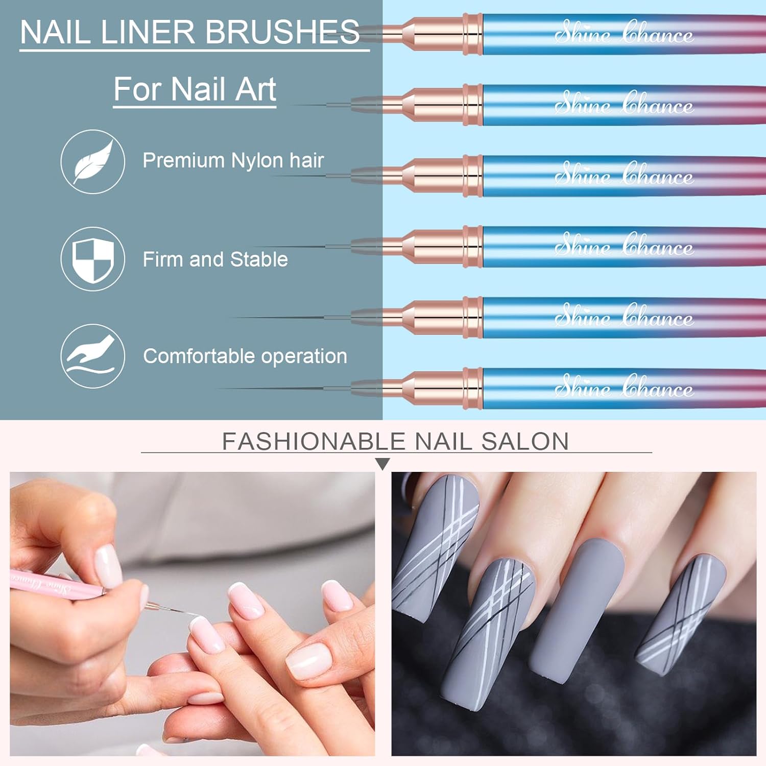 Shince Chance – Juego de pinceles para arte de uñas, 6 pinceles de diseño de uñas para esmalte de gel, dibujo fino, pequeños detalles, pintura de