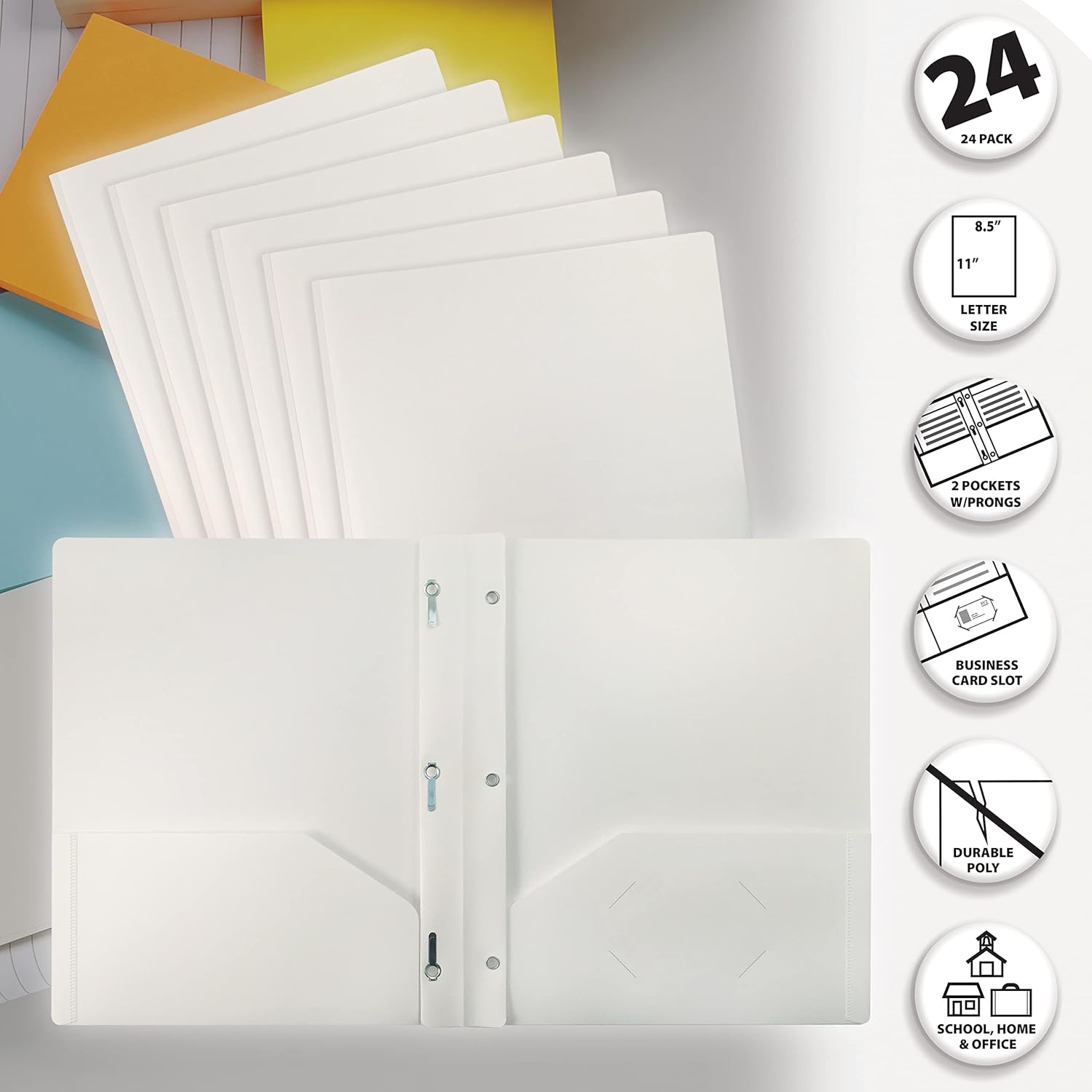 Better Office Products Carpetas de plástico blanco con 2 bolsillos, 24 unidades, pesadas, tamaño carta, carpetas de polietileno con 3 pinzas de