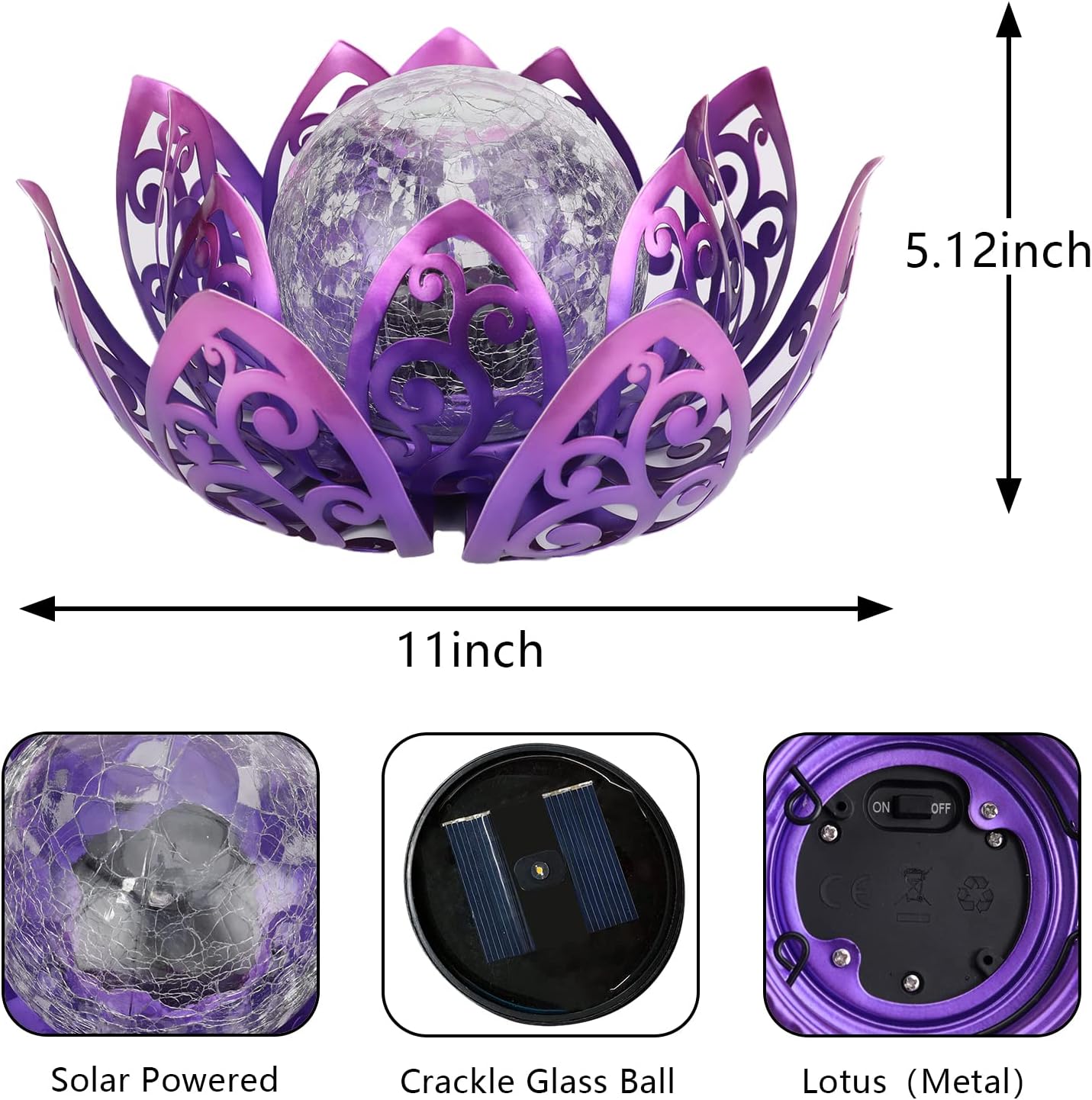 Luces solares de jardín para exteriores, lámpara solar de loto impermeable, globo de cristal agrietado de metal, luz LED de decoración de flor de