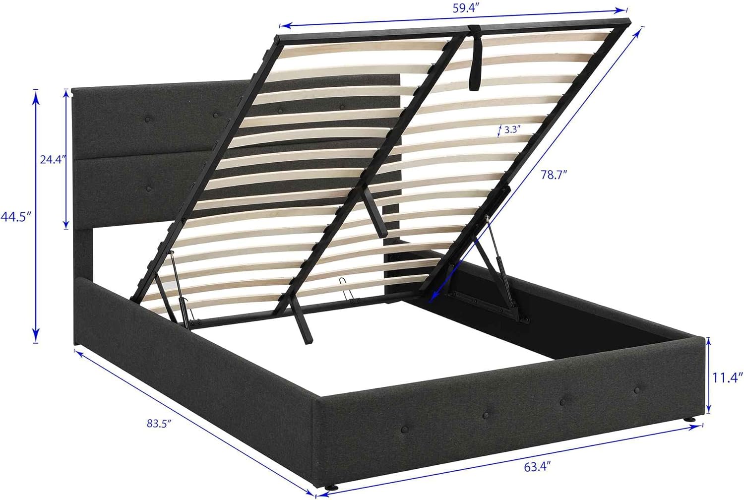 Cama tapizada de plataforma tamaño Queen con almacenamiento en la parte inferior, marco de cama de madera con cabecera copetuda, perfecta para