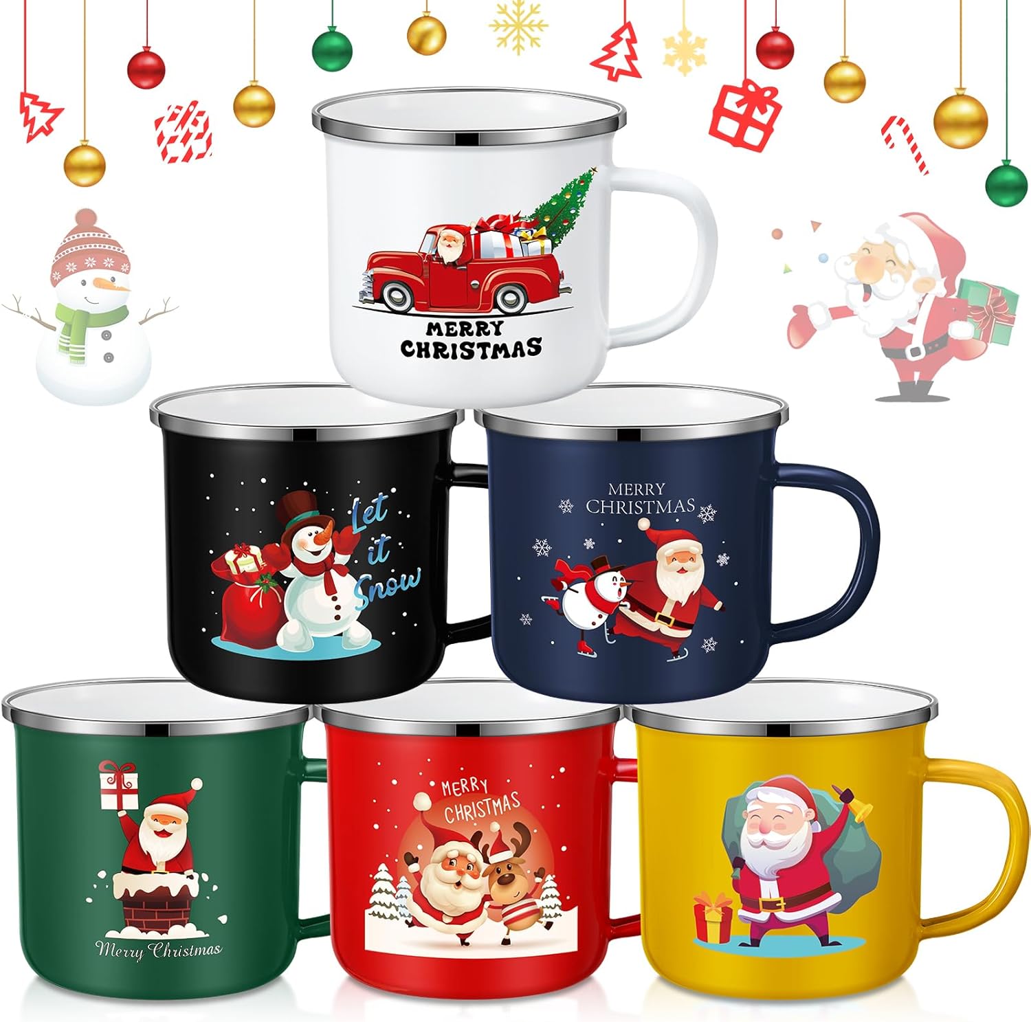 Zhehao 6 tazas de café de Navidad esmaltadas de 12 onzas de Navidad con diseño de feliz Navidad, tazas de café de Navidad para Navidad, café, té,