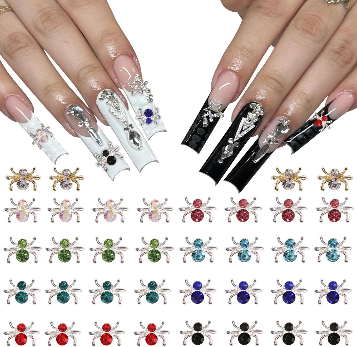 36 dijes de uñas de araña de cristal coloridos para uñas acrílicas, dijes de Halloween brillantes de KXAMELIE con gemas de diamantes de imitación,