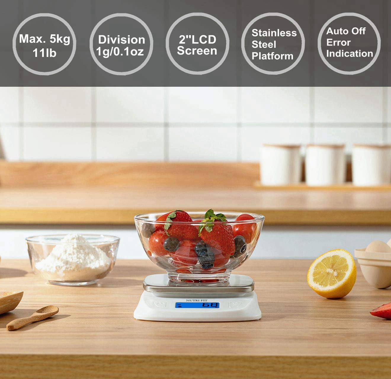 NUTRI FIT Báscula digital de cocina para alimentos, gramos y onzas, báscula ultradelgada, portátil, para hornear, cocinar, acampar, tara inoxidable,